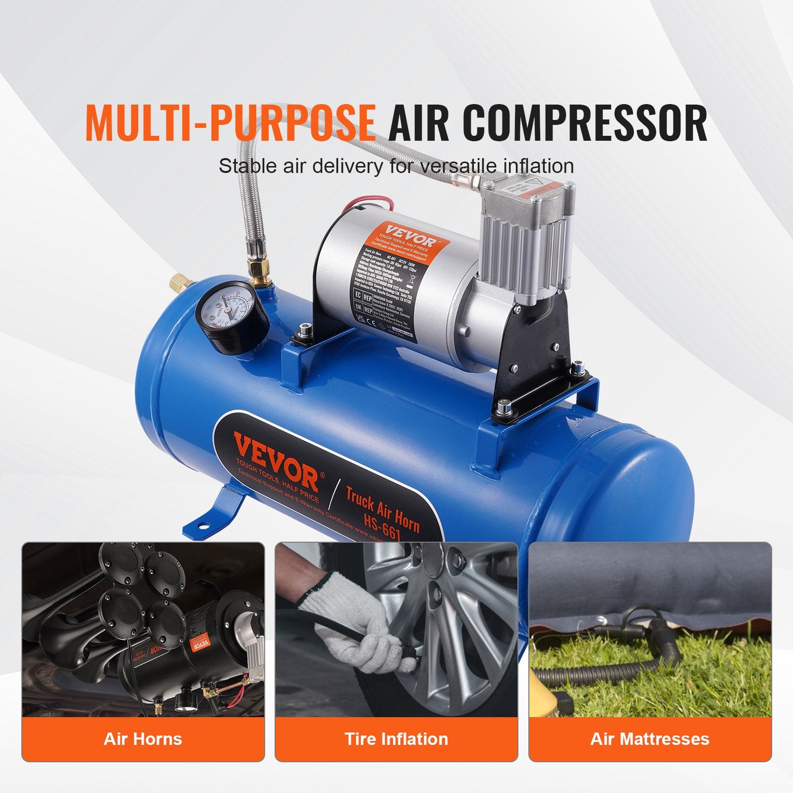 VEVOR 12V Air Compressor With Tank 1.6 Gallon 6 L, Train Horn Air Compressor, 120 Psi Working Pressure Onboard Air Compr
