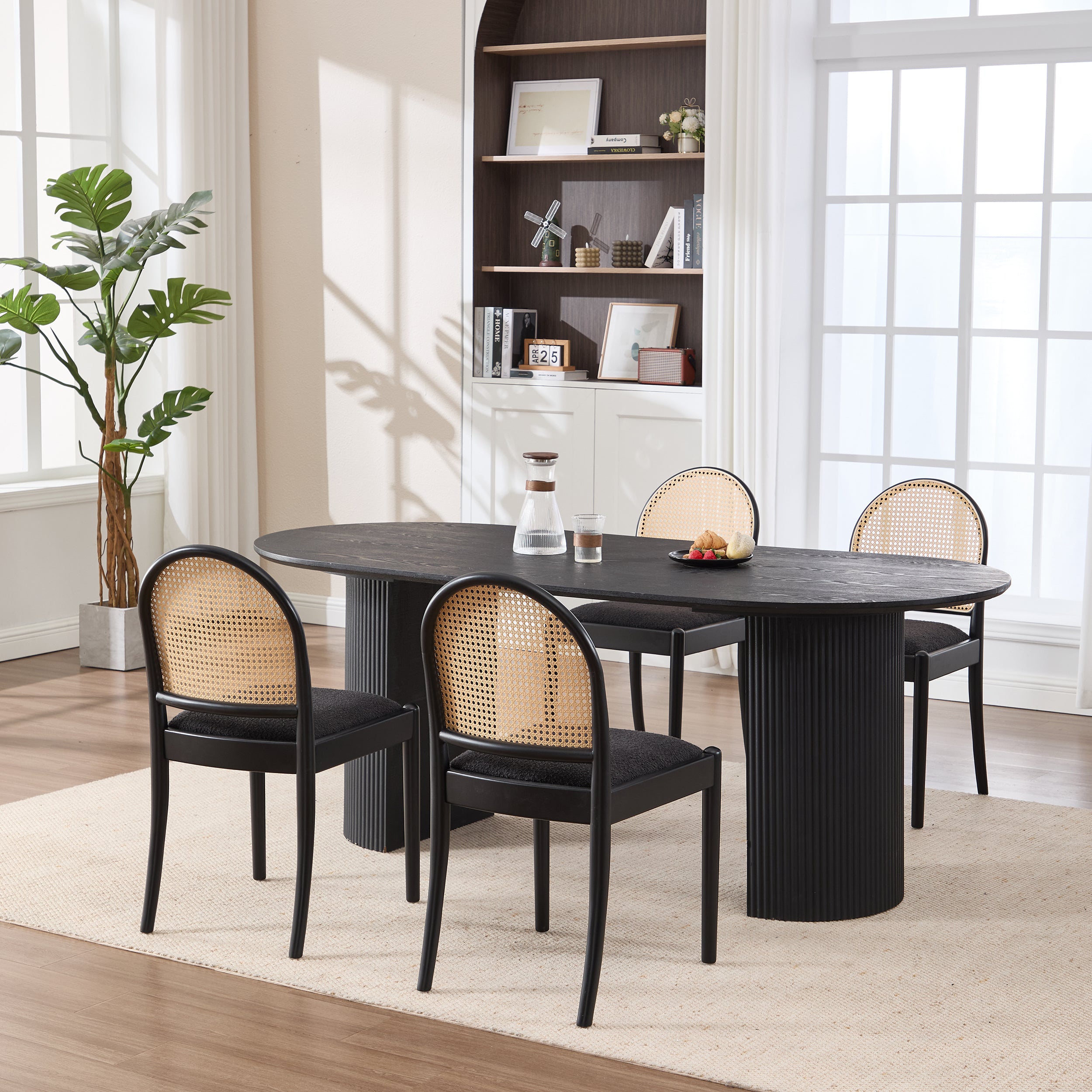 Rattan Dining Chairs Set of 2, Upholstered Linen Dining Room Chairs with Backrests, Modern Kitchen Chairs with Wood Legs
