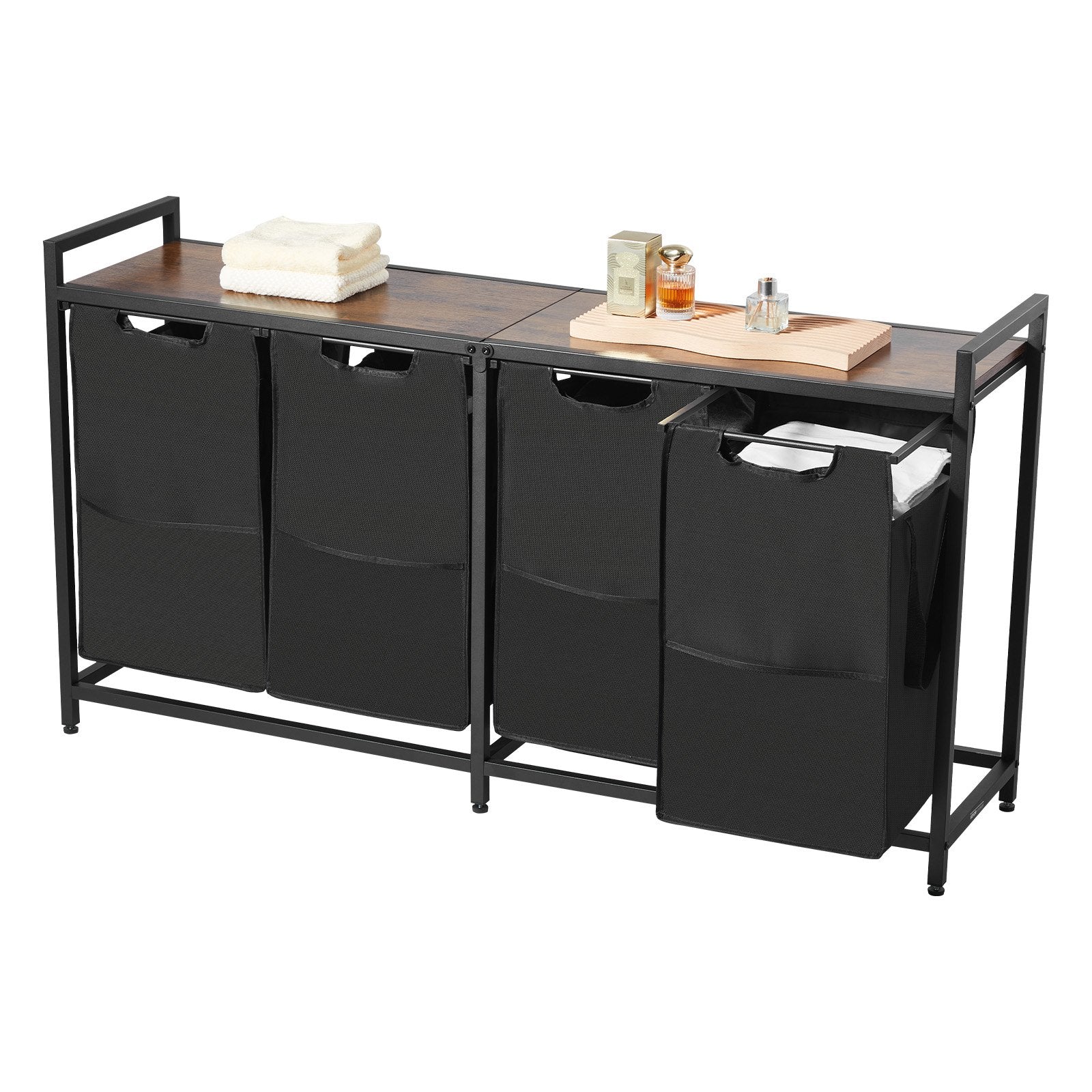 4 Section Laundry Sorter, Large Laundry Hamper With Metal Frame And Wooden Tabletop, Freestanding Storage Organizer Bask
