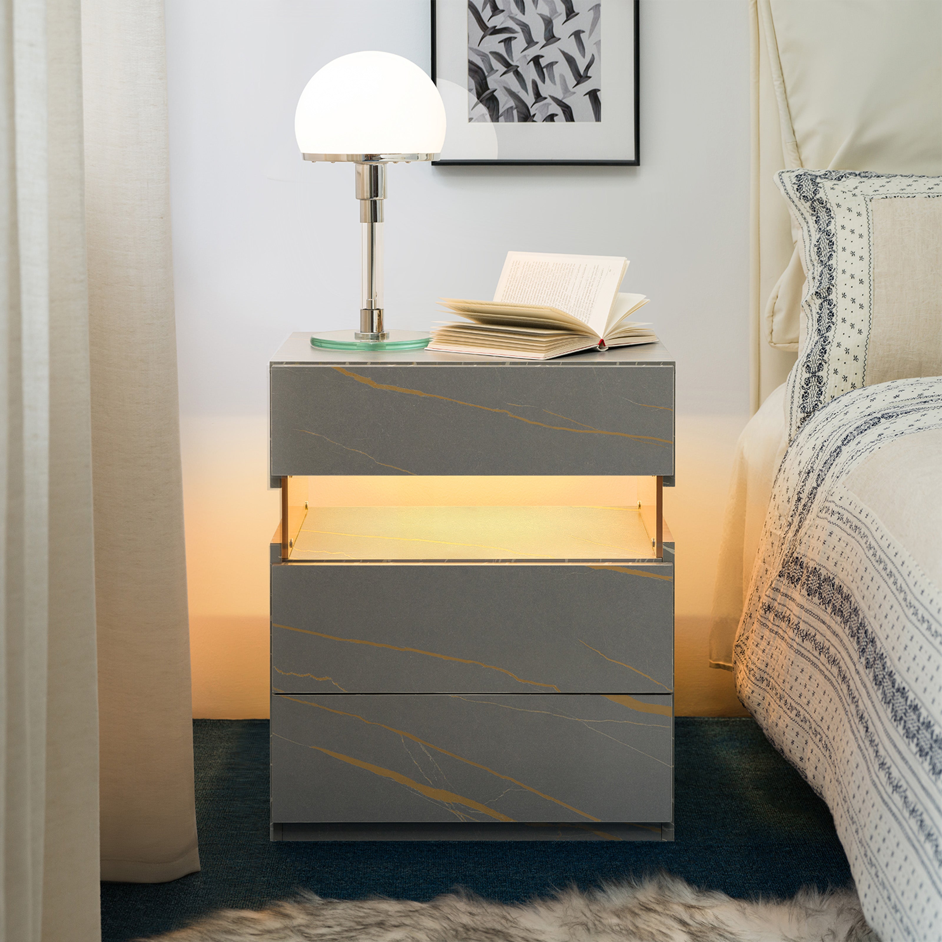 LED Nightstands 3 Drawer Dresser For Bedroom End Table With Acrylic Board LED Bedside Tables For Bedroom Living Room Bed