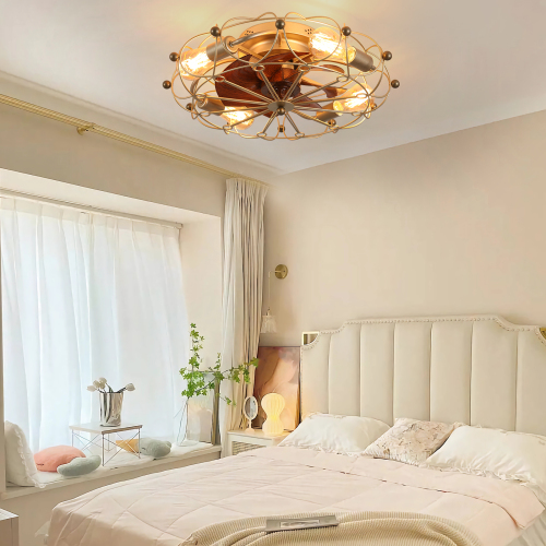 Low Profile Cage Ceiling Fan With Light Remote Control, Built-in Modern Industrial Ceiling Fan