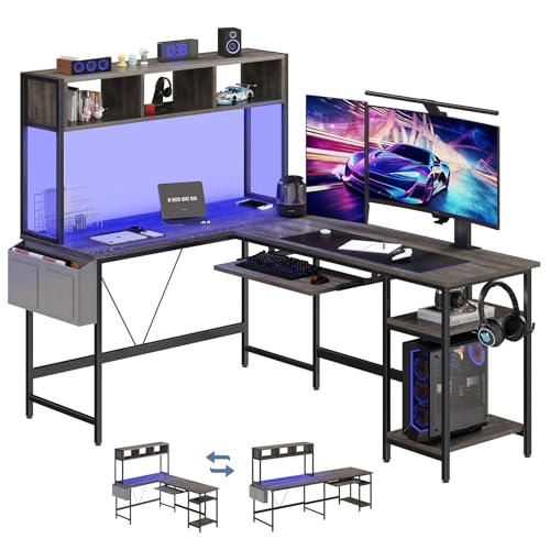 L Shaped Gaming Desk 67, Reversible Computer Desks With Led Lights Corner Table With Keyboard Tray Side Bag Storage Shel
