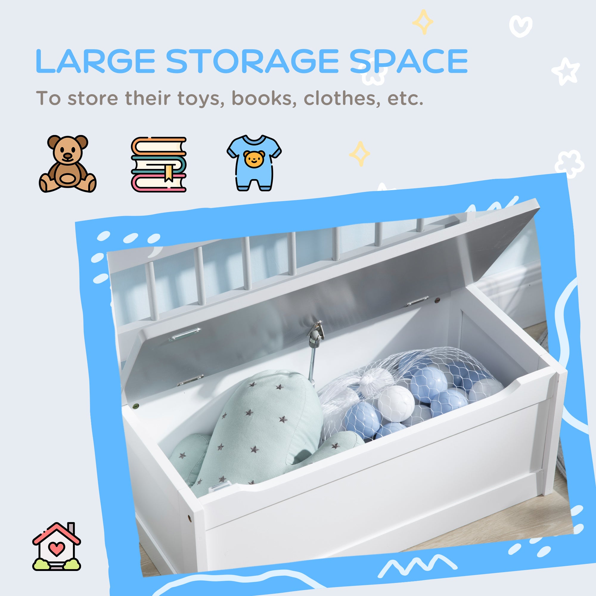 Toddler Toy Box Storage Bench with Large 27 Liter Interior, Kids Storage Bench Seat with Storage for Toddler Playroom Fu