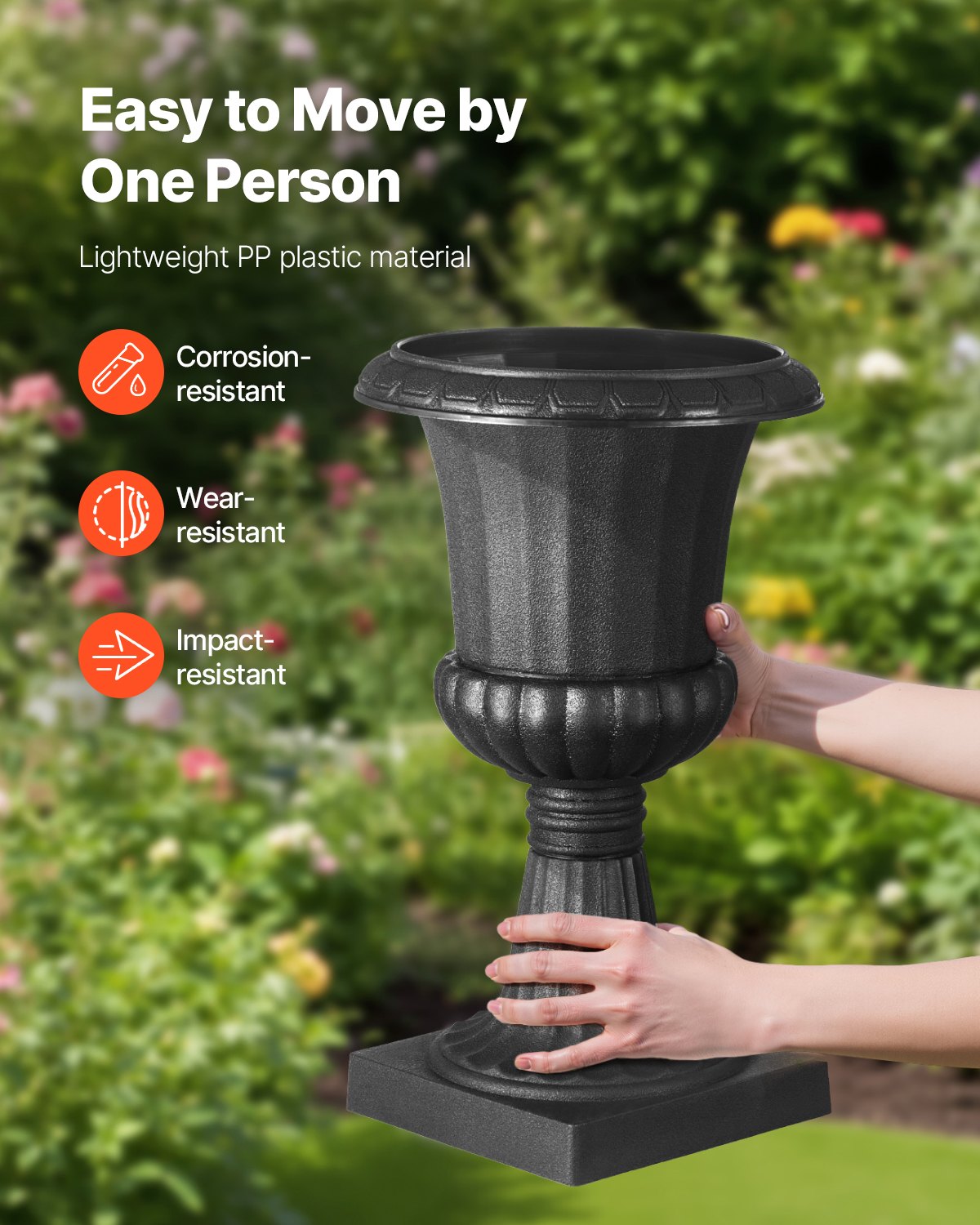 Plastic Urn Planters, 9.8 X 16.5 Inch, 2 Pack Black Classic Flower Pots Front Porch Planters, Indoor & Outdoor Vase For