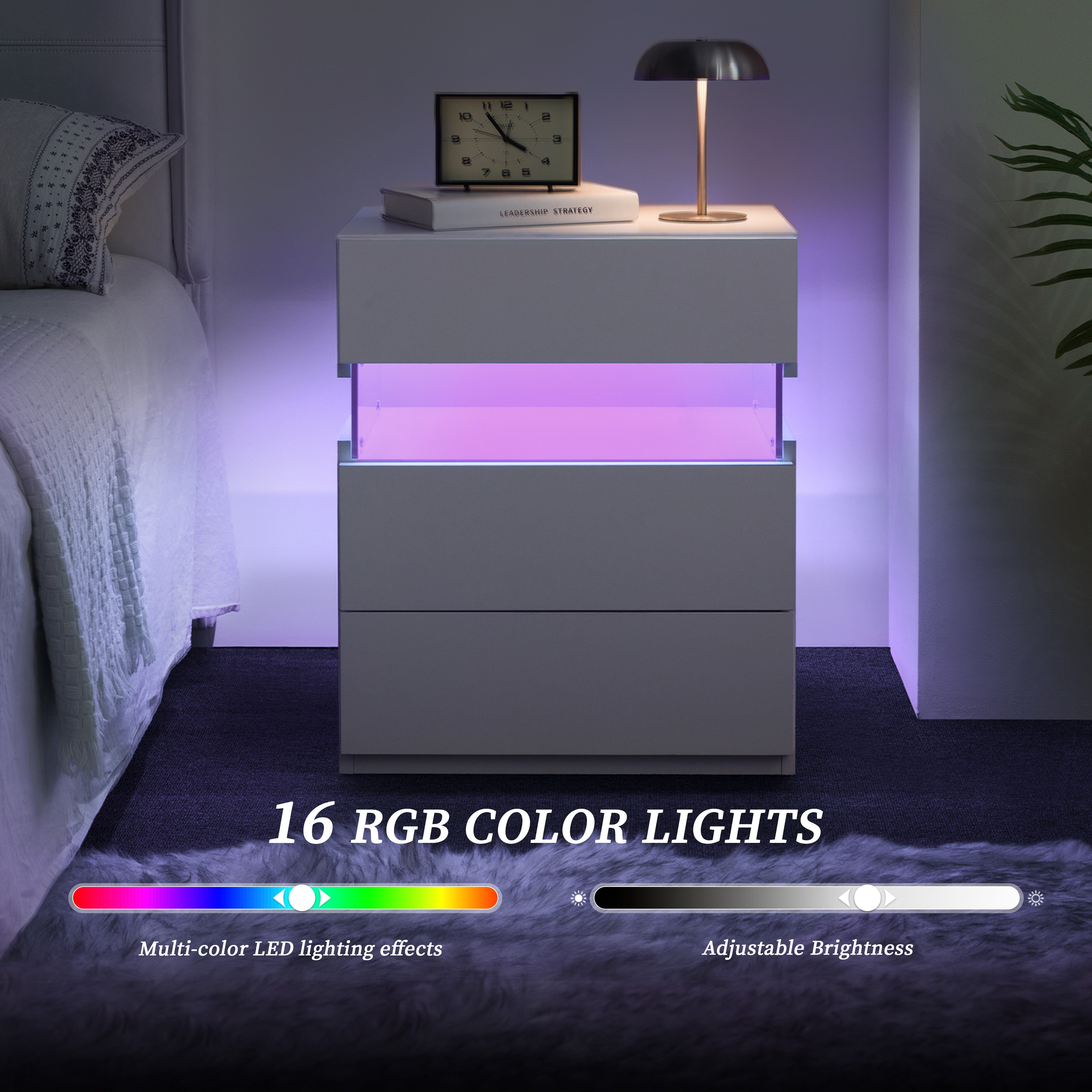 LED Nightstands 3 Drawer Dresser For Bedroom With 16RGB Color Lights,Bedside Tables For Living Room Bedside Furniture Wh