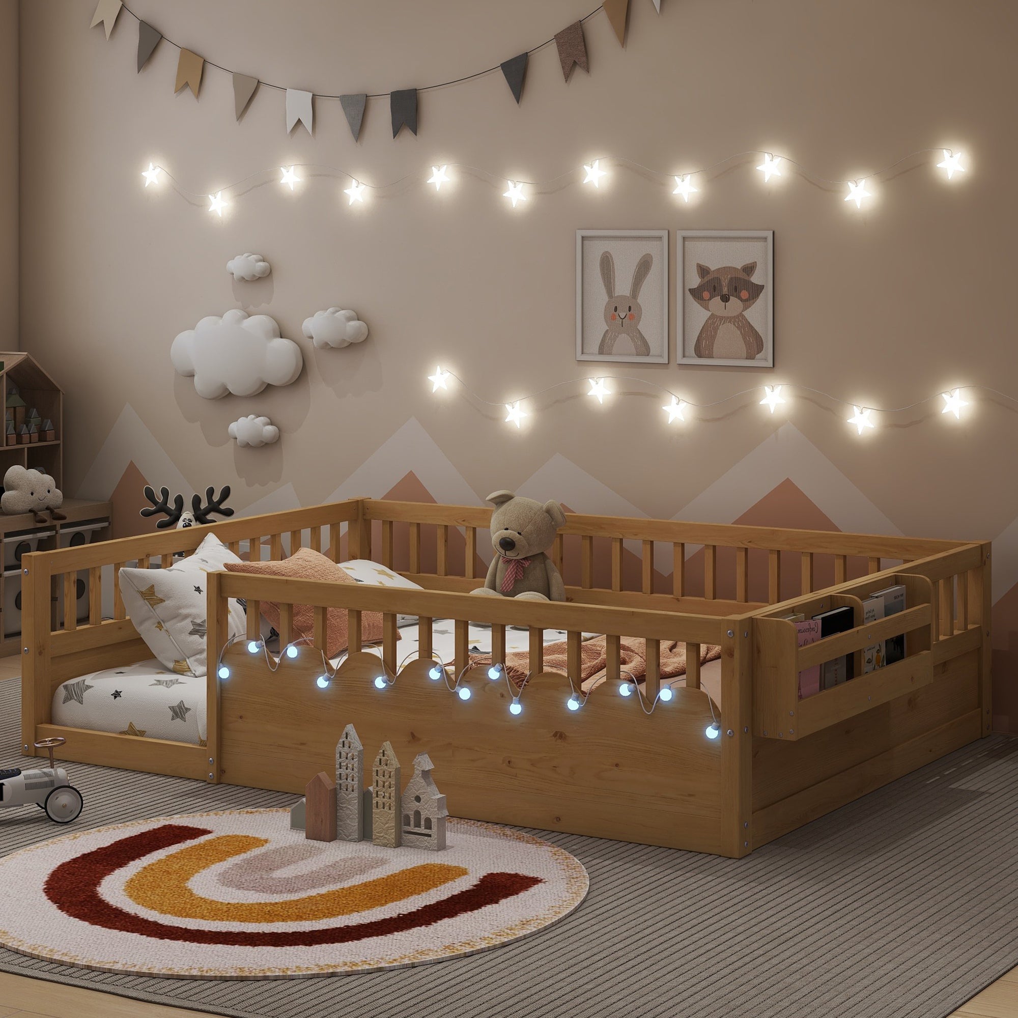 Full Montessori Floor Bed Frame With High Rails, Wood Kids Floor Beds With Light And Storage Shelf, Natural Expect Arriv