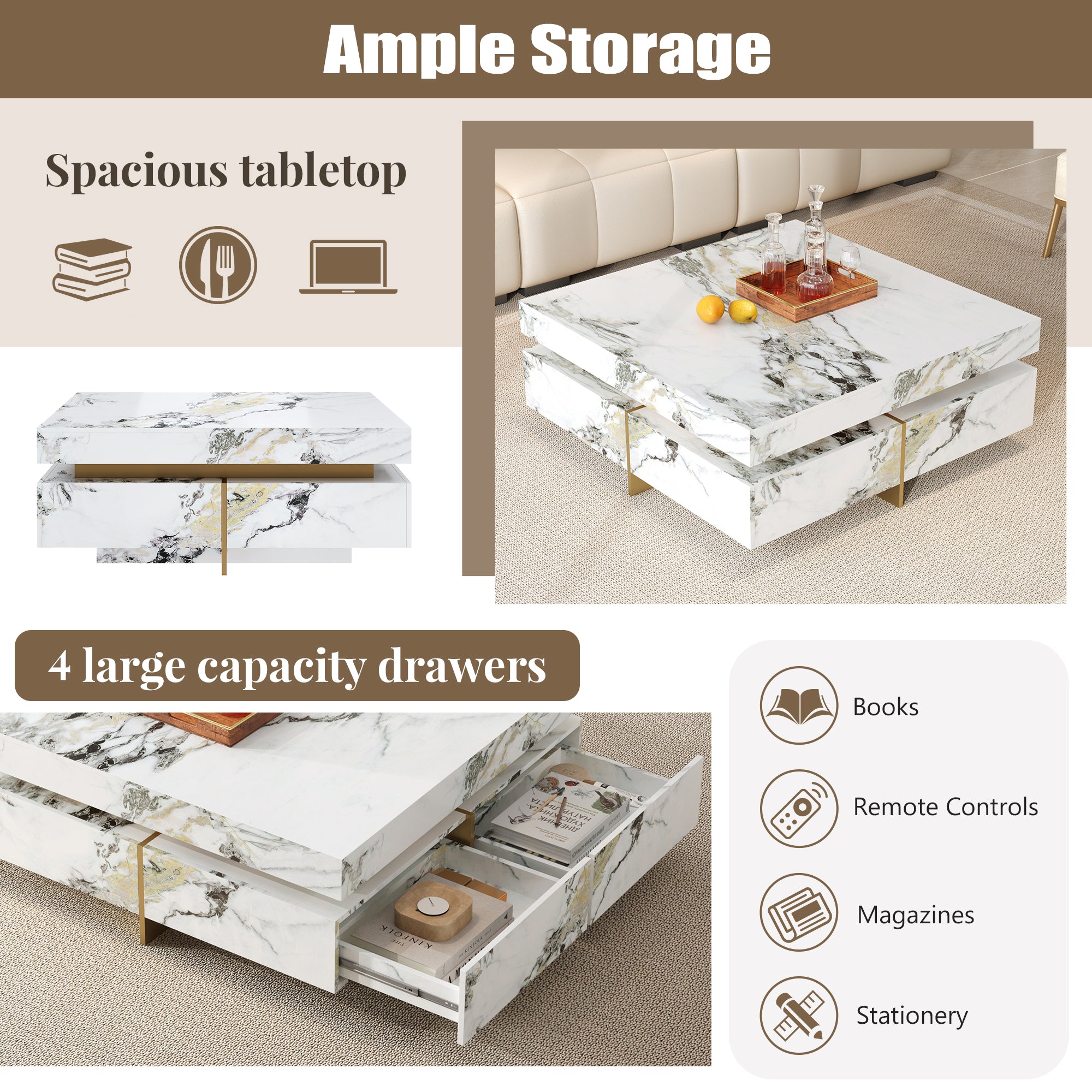 Modern Square Marble Textured Coffee Table With 4 Drawers And Suspended Base, White, 43.3