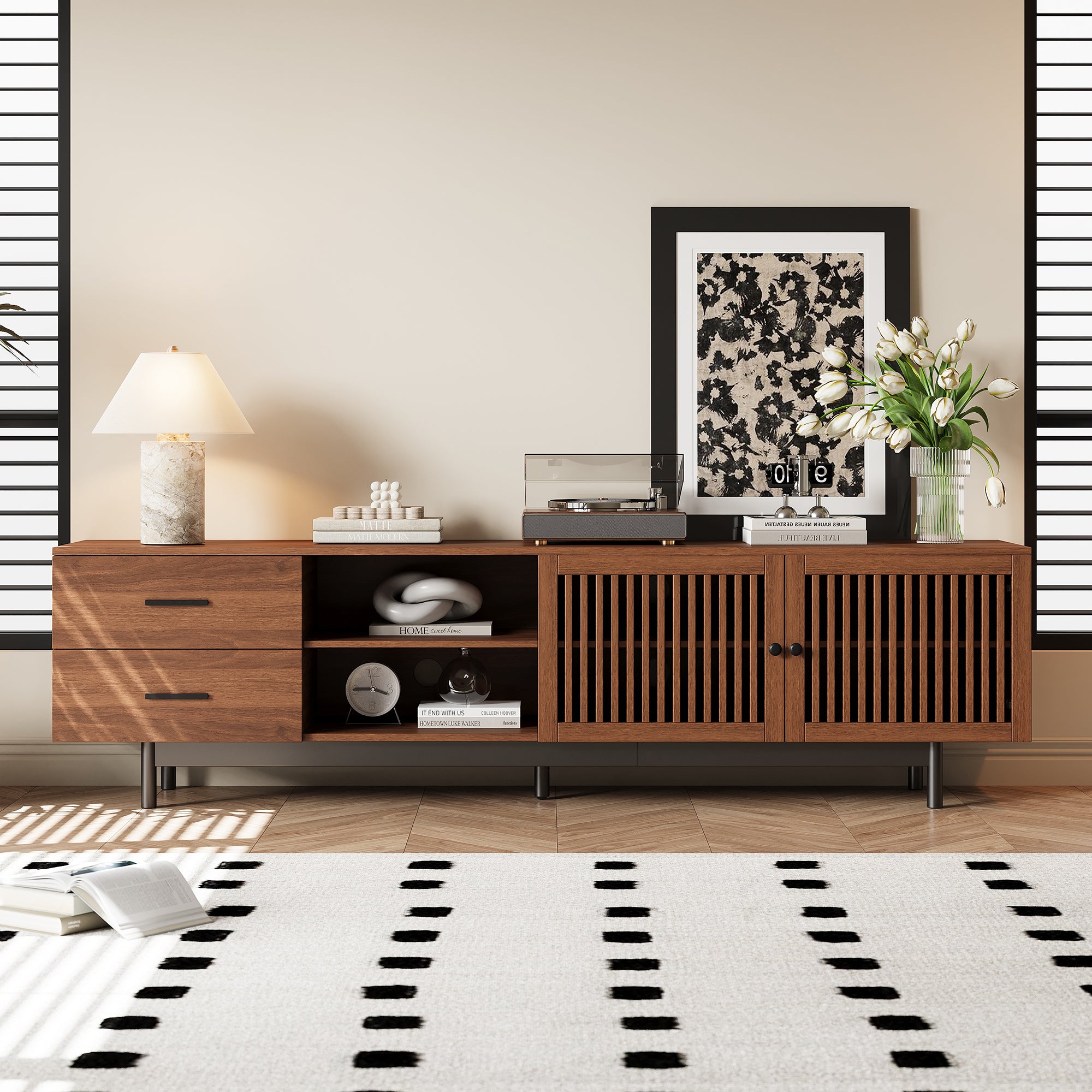 78 Inch Modern TV Stand For TVs Up To 85, Entertainment Center With Deep Drawers & Cable Management, Soft-Closing Hinges, Solid Wood Legs For Living Room