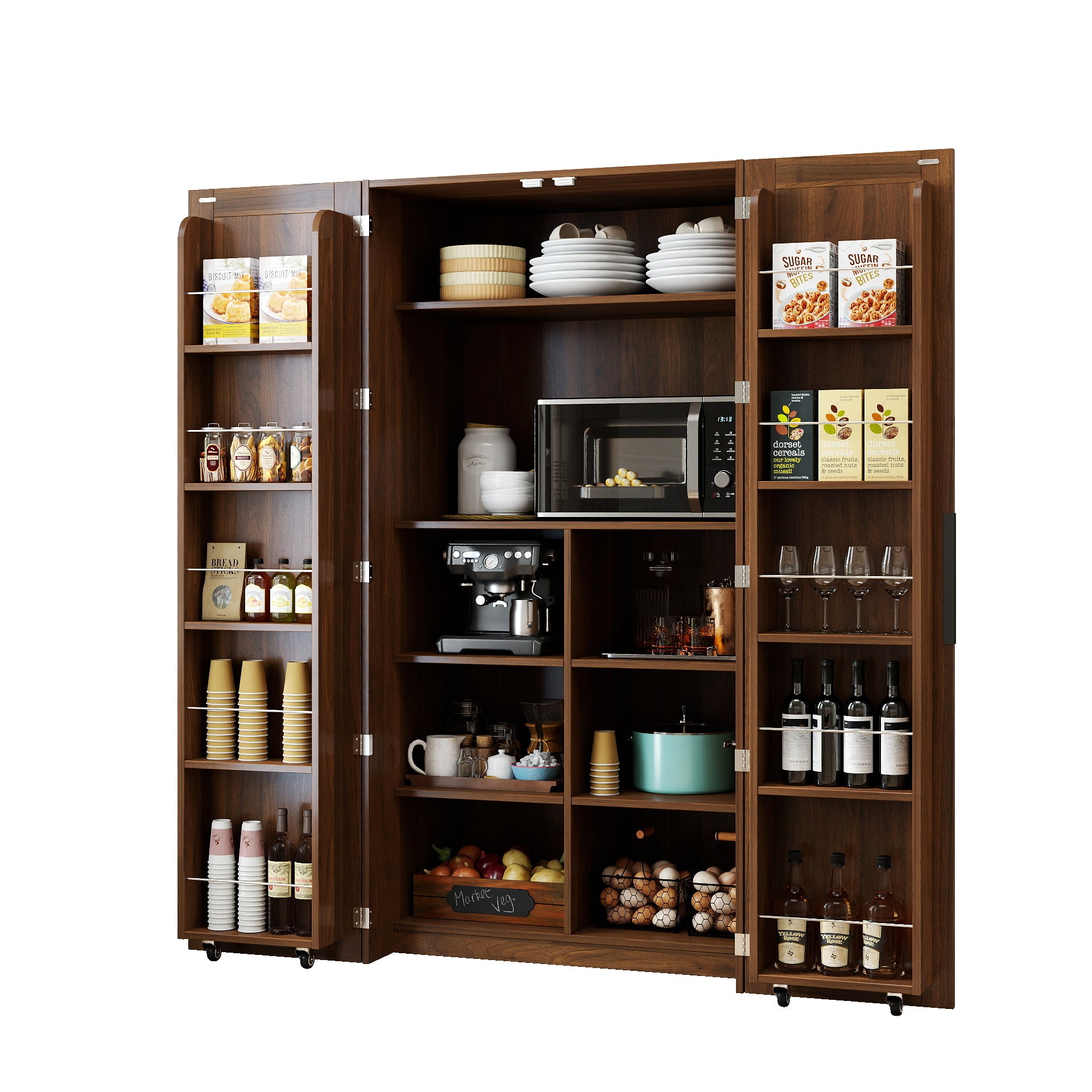Kitchen Pantry Cabinet, Walnut Freestanding Buffet Cupboards Sideboard With Doors & Shelves, Kitchen Pantry Storage Cabi