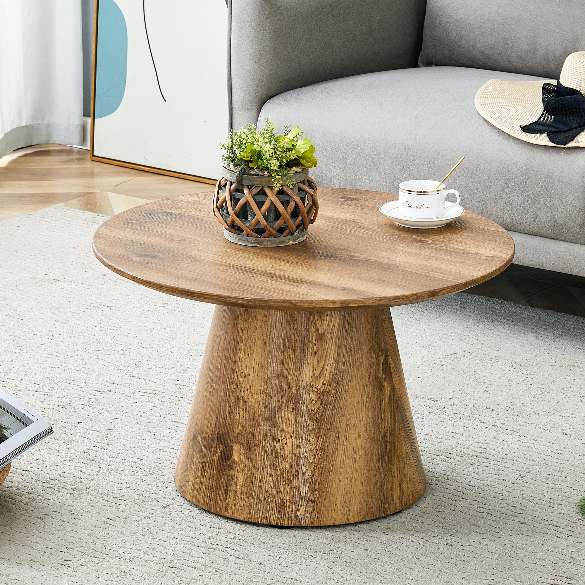 Natural Wood Grain MDF Round Coffee Table - 23.6in Diameter, 13.8in Height.Natural Wood Grain Texture Sticker,Exquisite Wood Grain Surface,Flexible MatchingMRound Tabletop Design.