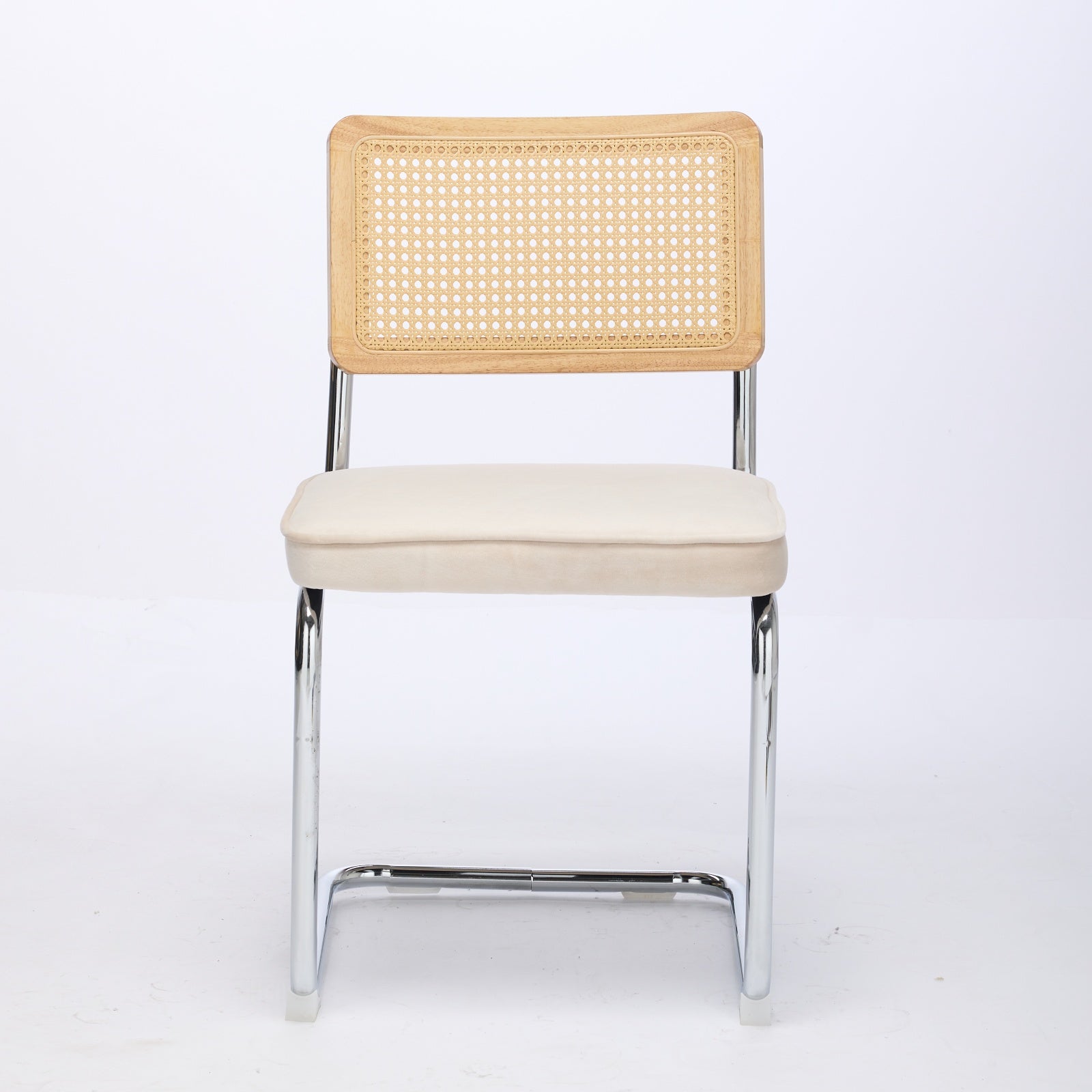 Mid Century Modern Dining Chairs Set Of 2, Velvet Accent Chairs With Natural Cane Back & Stainless Chrome Base, Famous B