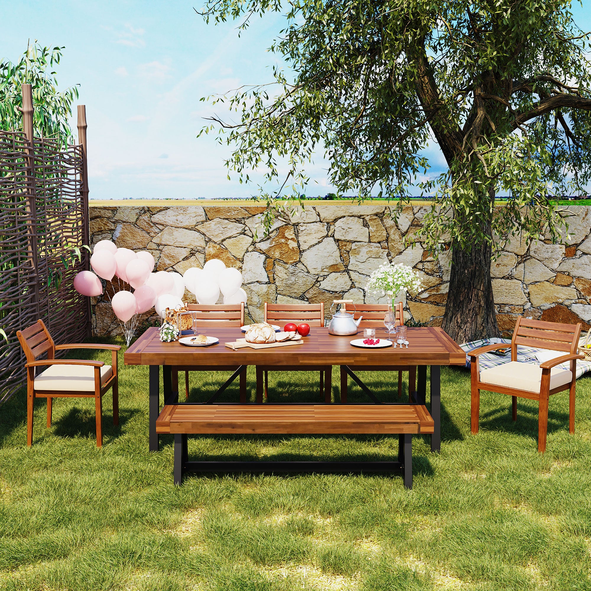 GO Outdoor Wood Dining Set For 7-8 Person, Outdoor Dining Furniture With Removable Cushions, Ergonomic Chairs And Bench,