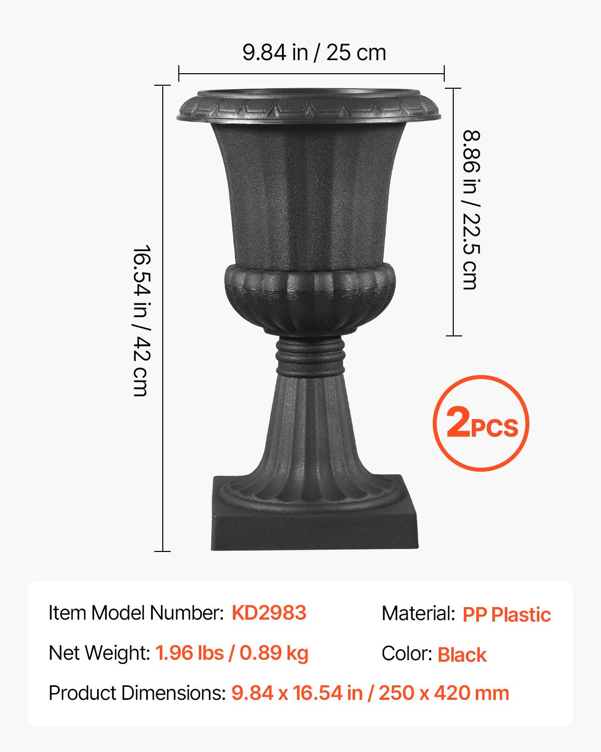 Plastic Urn Planters, 9.8 X 16.5 Inch, 2 Pack Black Classic Flower Pots Front Porch Planters, Indoor & Outdoor Vase For