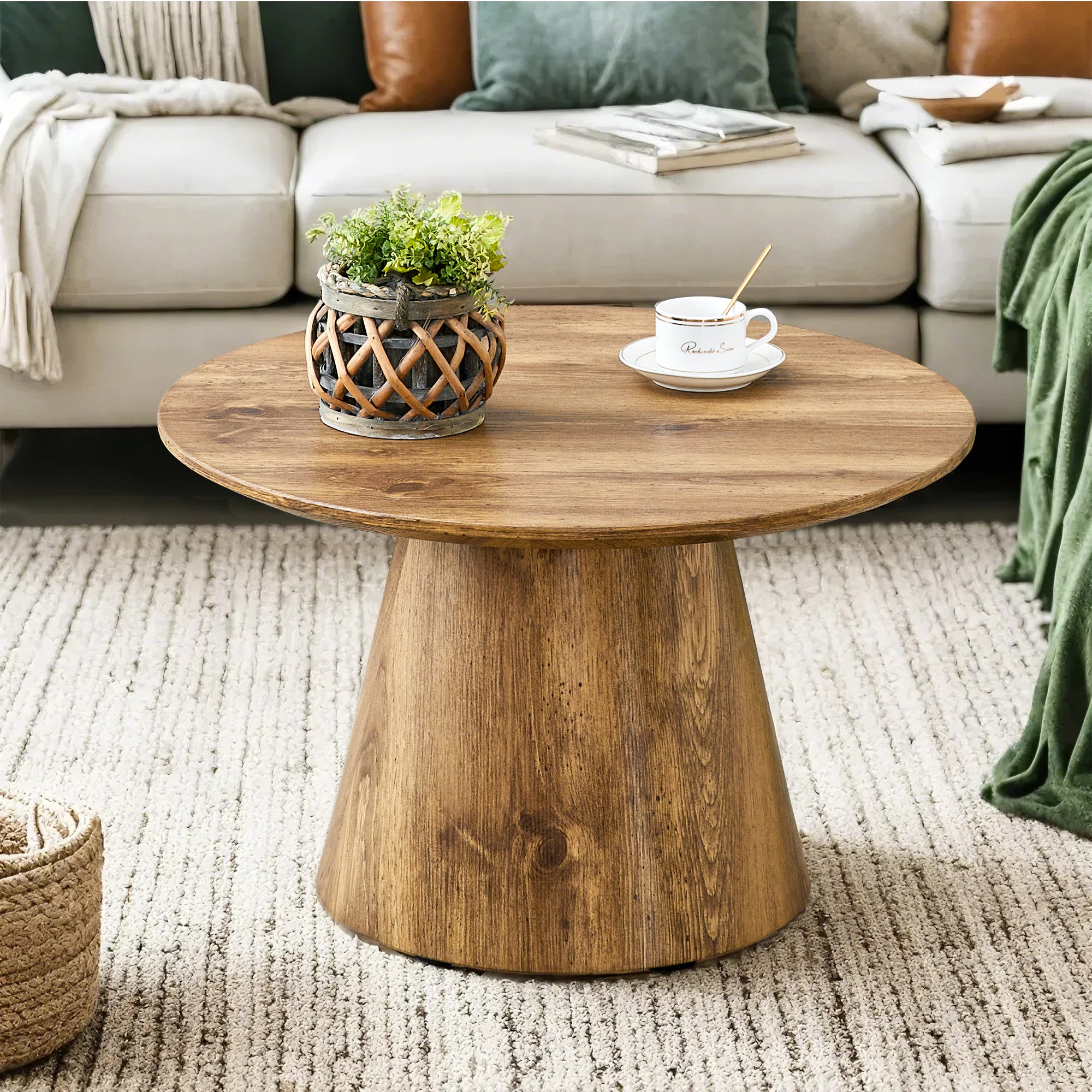 Natural Wood Grain MDF Round Coffee Table - 23.6in Diameter, 13.8in Height.Natural Wood Grain Texture Sticker,Exquisite Wood Grain Surface,Flexible MatchingMRound Tabletop Design.