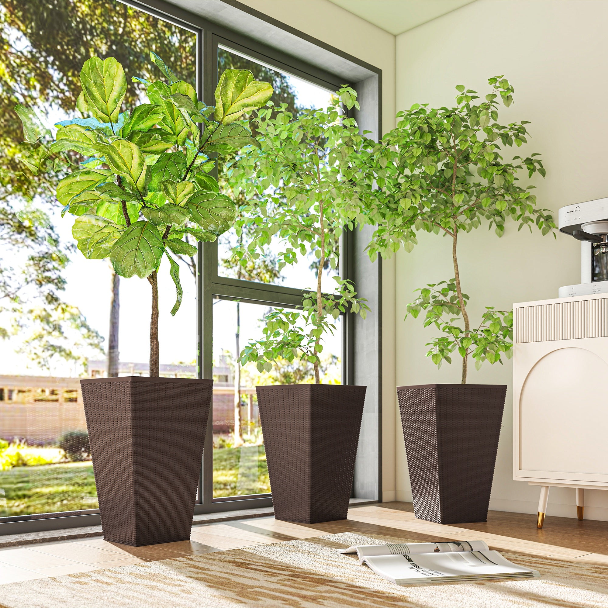 Set of 3 Tall Planters with Drainage Hole, 24" Outdoor Flower Plant Pots, Indoor Planters for Porch, Front Door, Entrywa