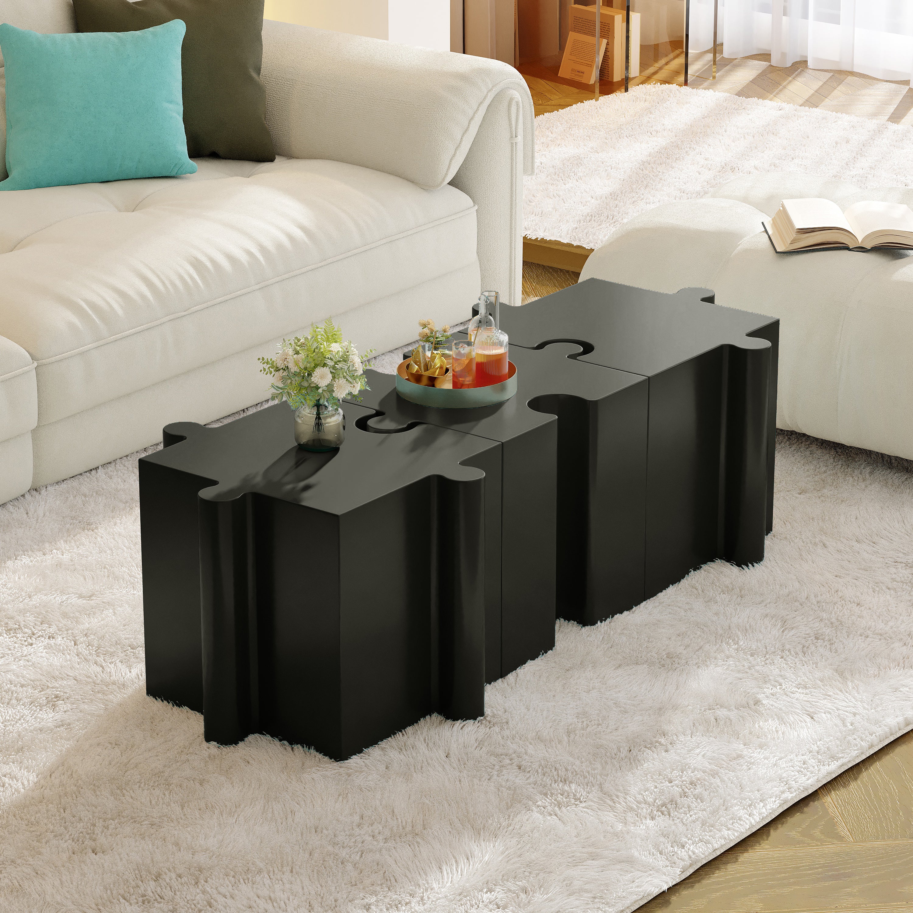 3-Piece Artistic Puzzle Table Set,Modular MGO Side Tables With Interlocking Design  2 Convex & 1 Concave , 200lb Capacit