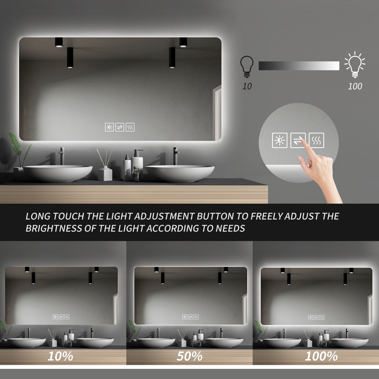 Bathroom Mirror With Led Lights Front And Backlit,  Anti-Fog Lighted Vanity Mirrors For Wall Mounted, 3 Colors And 5 Lev