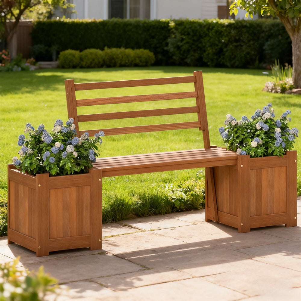 Outdoor Planter Box Wooden Bench Set With 2 Open-ended Planter Boxes And Salt Backrest For Various Outdoor Spaces Like B