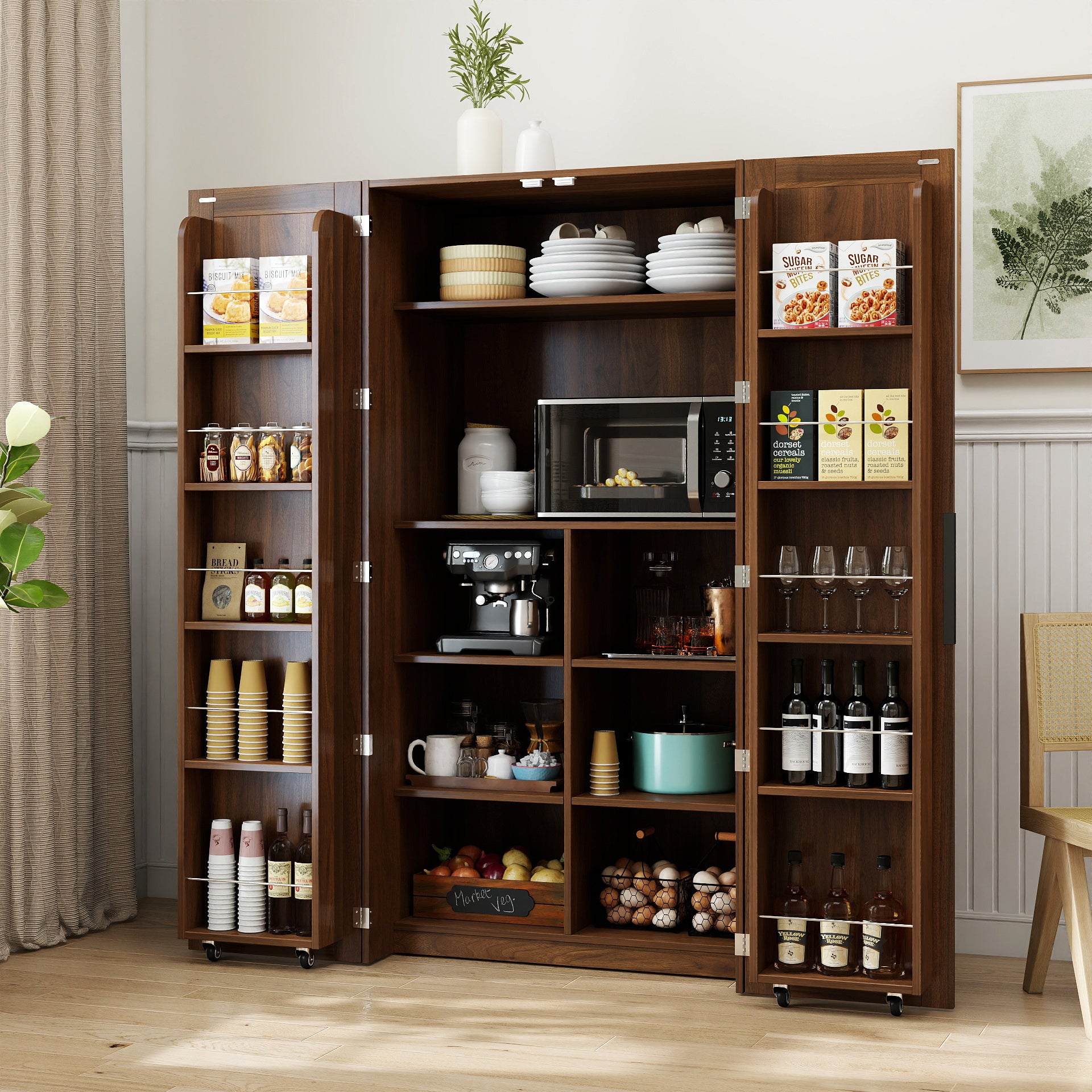 Kitchen Pantry Cabinet, Walnut Freestanding Buffet Cupboards Sideboard With Doors & Shelves, Kitchen Pantry Storage Cabi