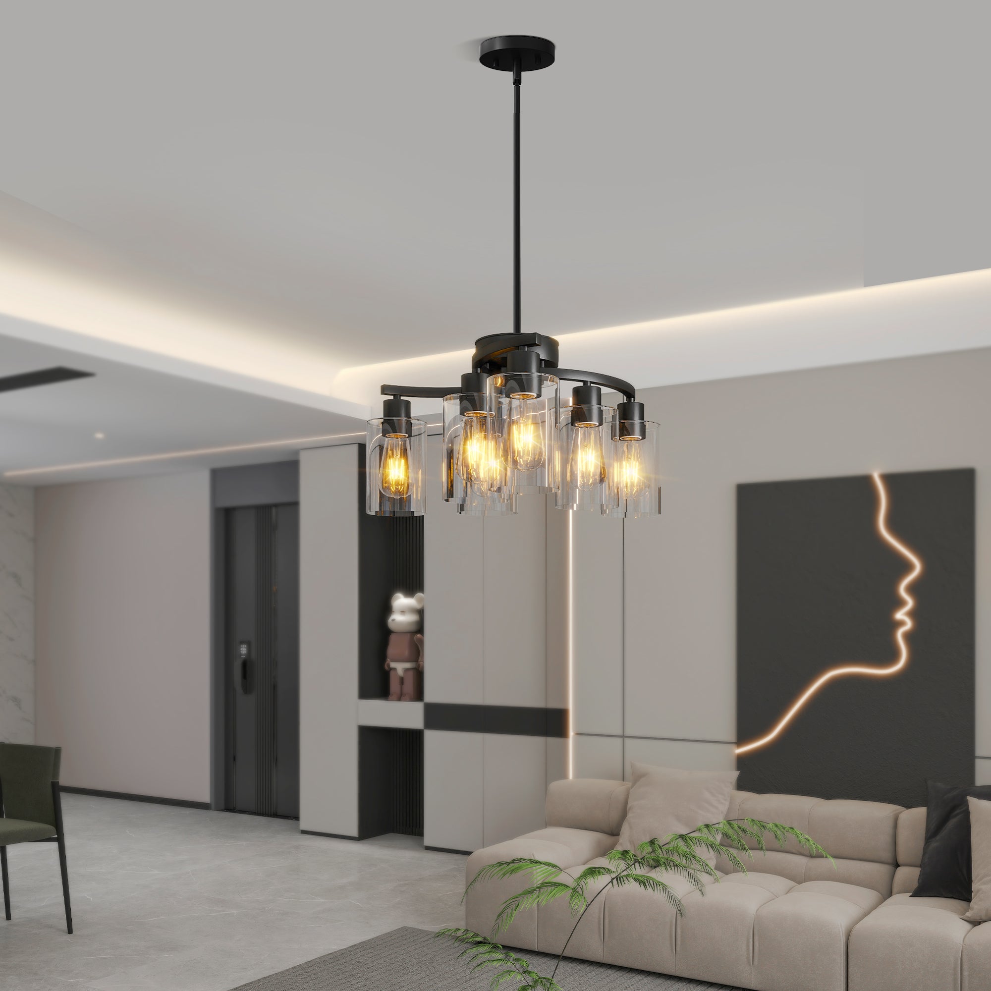 6-Light Modern Farmhouse Black Chandelier, Contemporary Dining Room Light Fixture, Adjustable Height Hanging Industrial