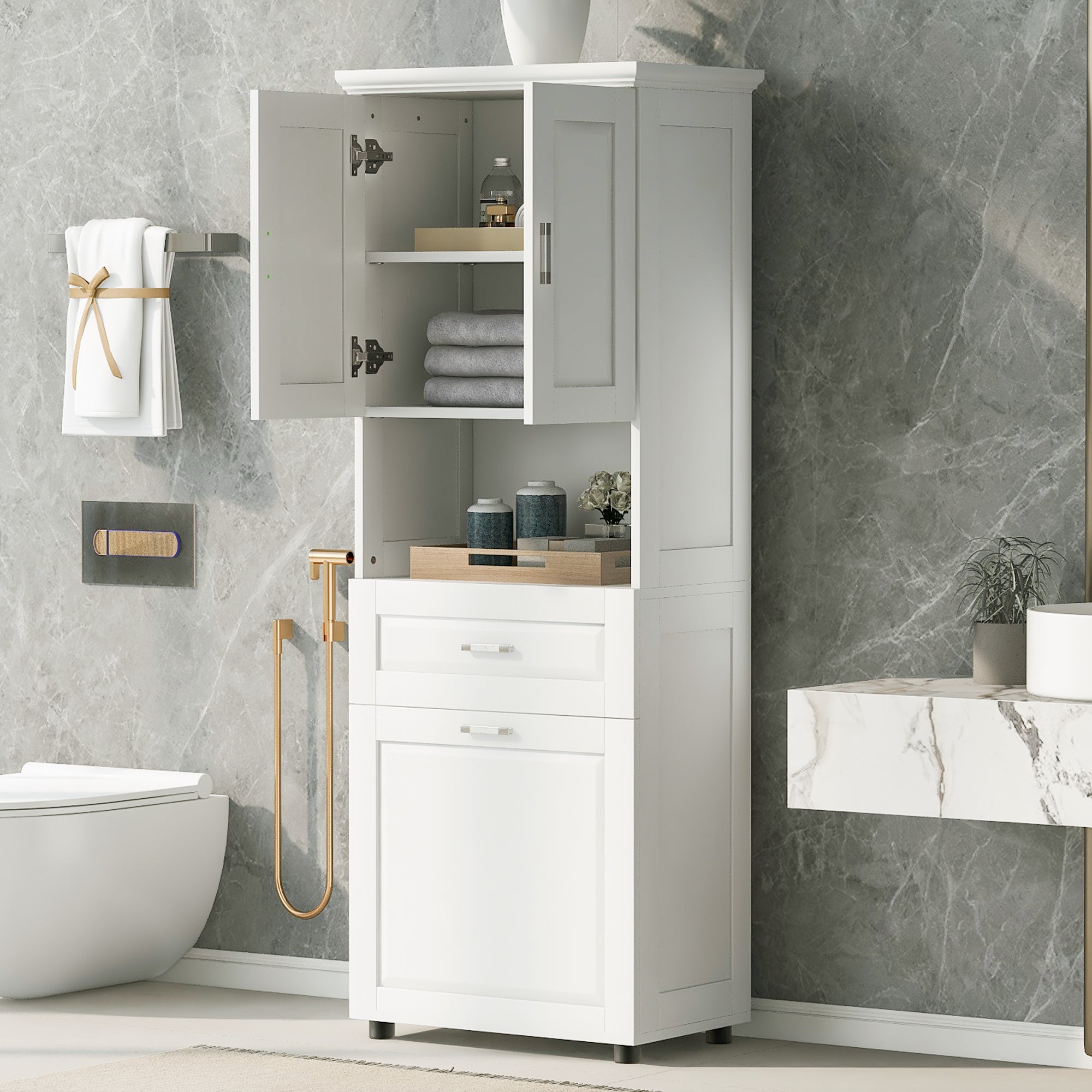Tall Bathroom Cabinet With Laundry Basket, Large Storage Space Tilt-Out Laundry Hamper And Upper Storage Cabinet, White