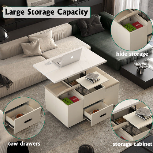 Modern Lift-Up Coffee Table With 4 Stools Set For Living Room Expandable 1 Hidden Storage 2 Drawers Space Saving Folding Dining Table