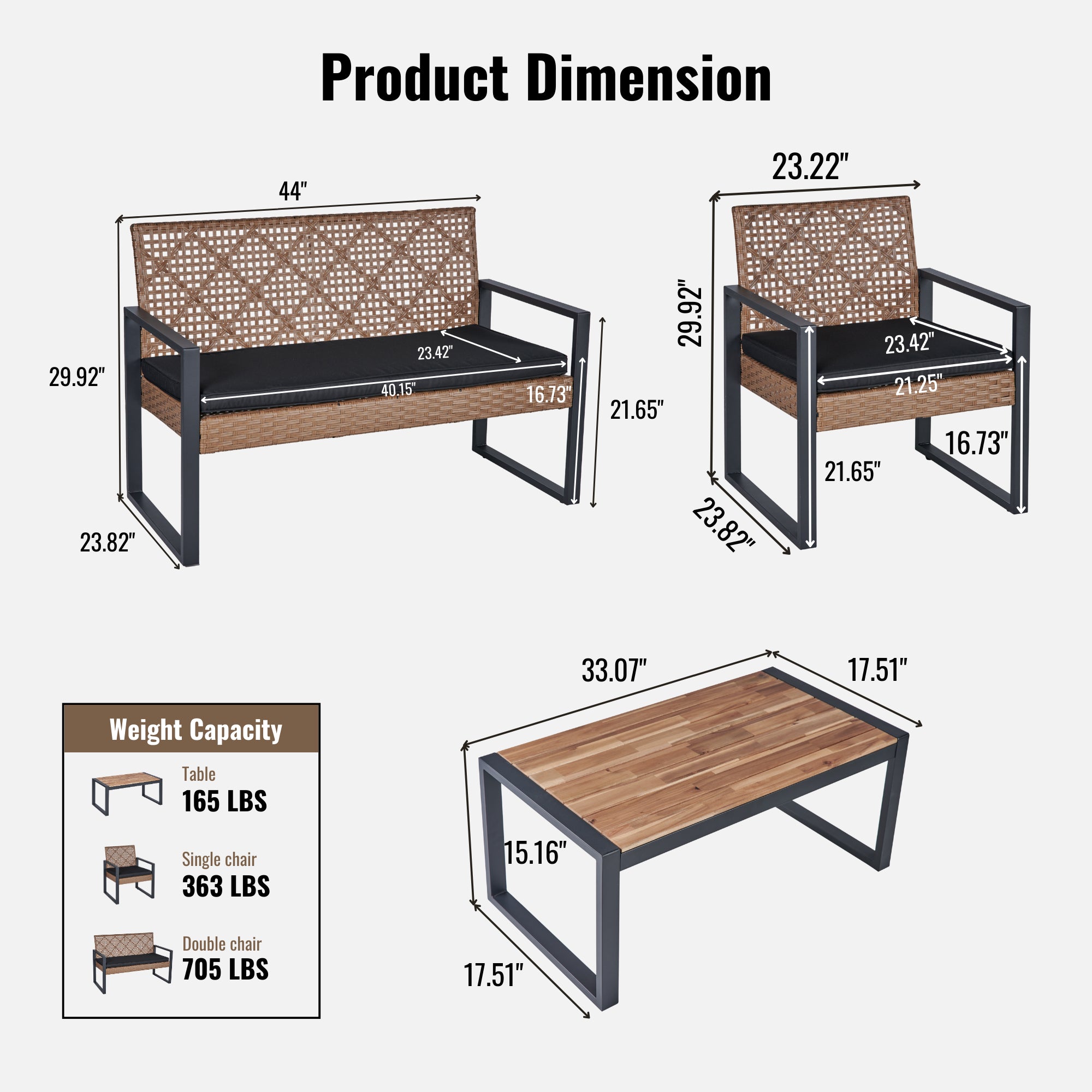 4-Piece Patio Furniture Set Outdoor Balcony Porch Garden Backyard Lawn Furniture Acacia Wood Table Top, Morden Black And
