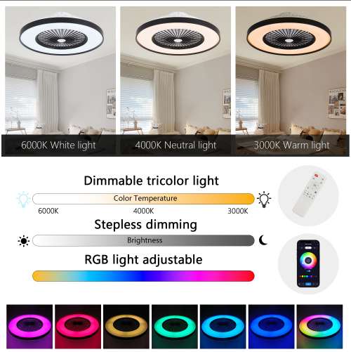 23 Inch Black Ceiling Fan Light With LED RGB  Dimmable & Color-Changing, APP & Remote Control, Modern Smart Ceiling Fan