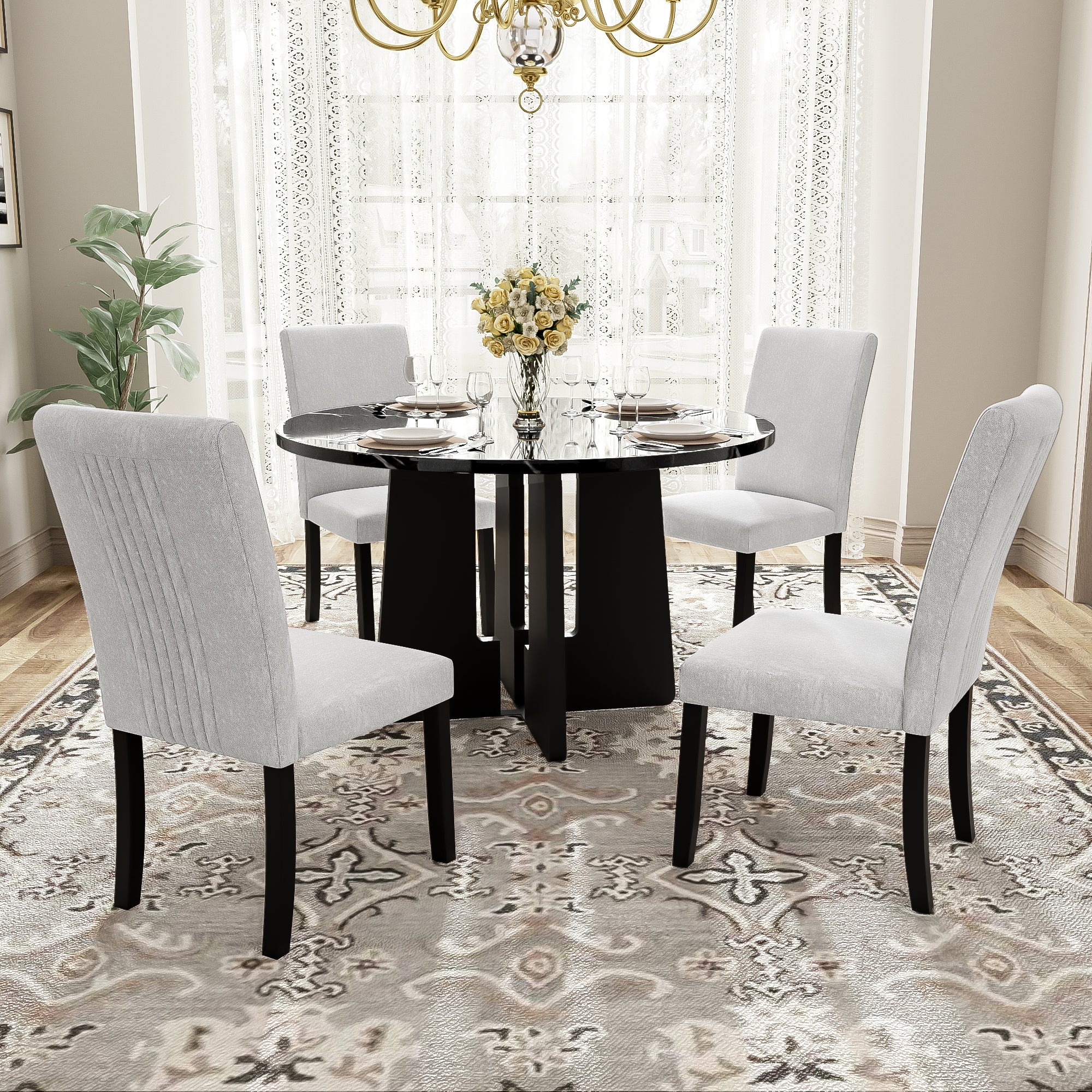 5-Piece Round Dining Table Set, 43-Inch Modern Dining Table And 4 Upholstered Chairs For Dining Room, Kitchen Room, Livi