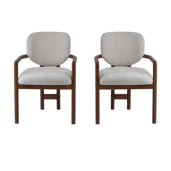 Dining Chairs Set Of 2 Upholstered Arm Chairs, Rubber Wood Accent Chairs Beige Fabric Seating, 300 LBS Weight Capacity