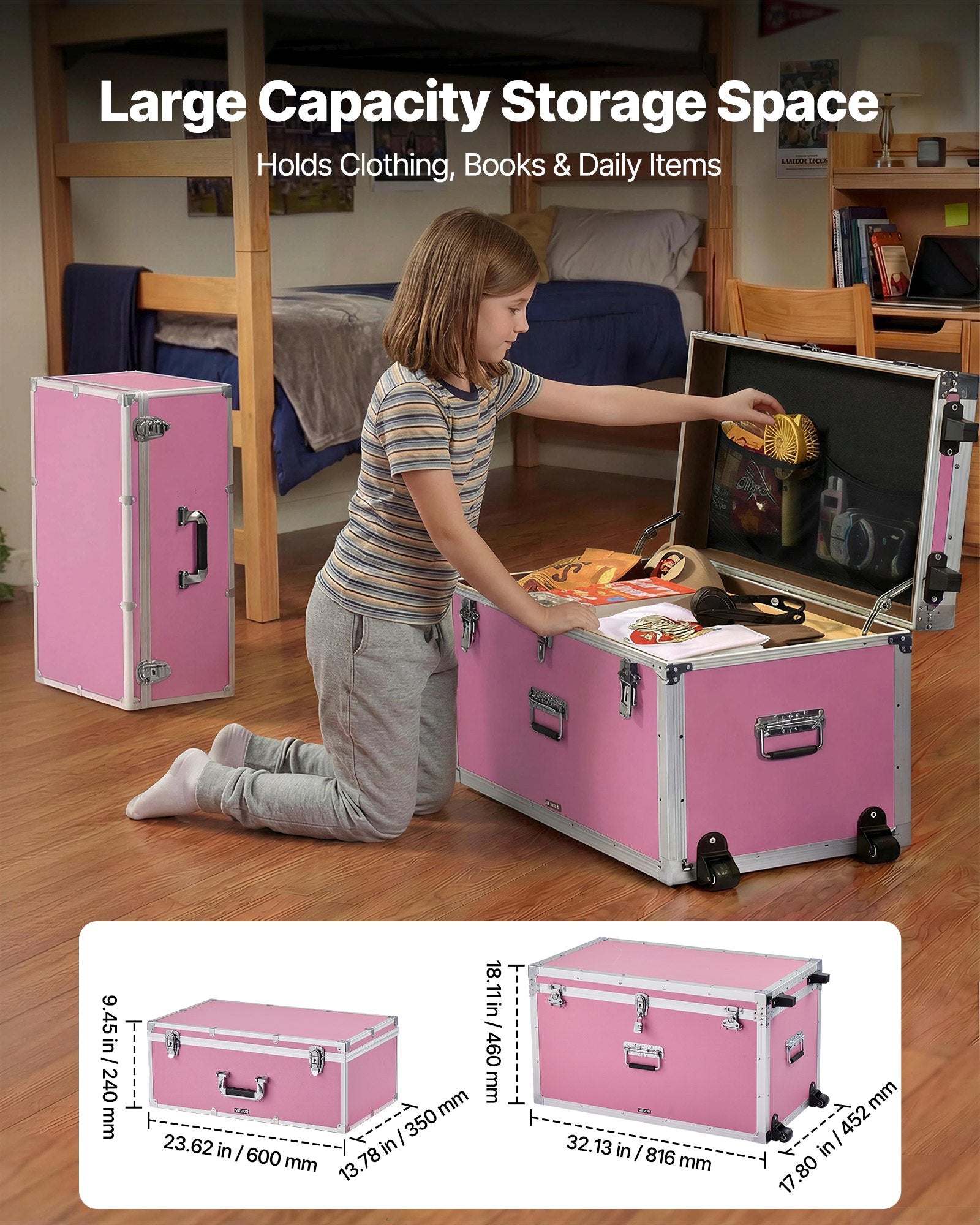 Metal Storage Trunk, Set Of 2, Wooden Suitcase Storage Boxes With Padlocks, Large Trunk Includes Casters & 3 Metal Handl
