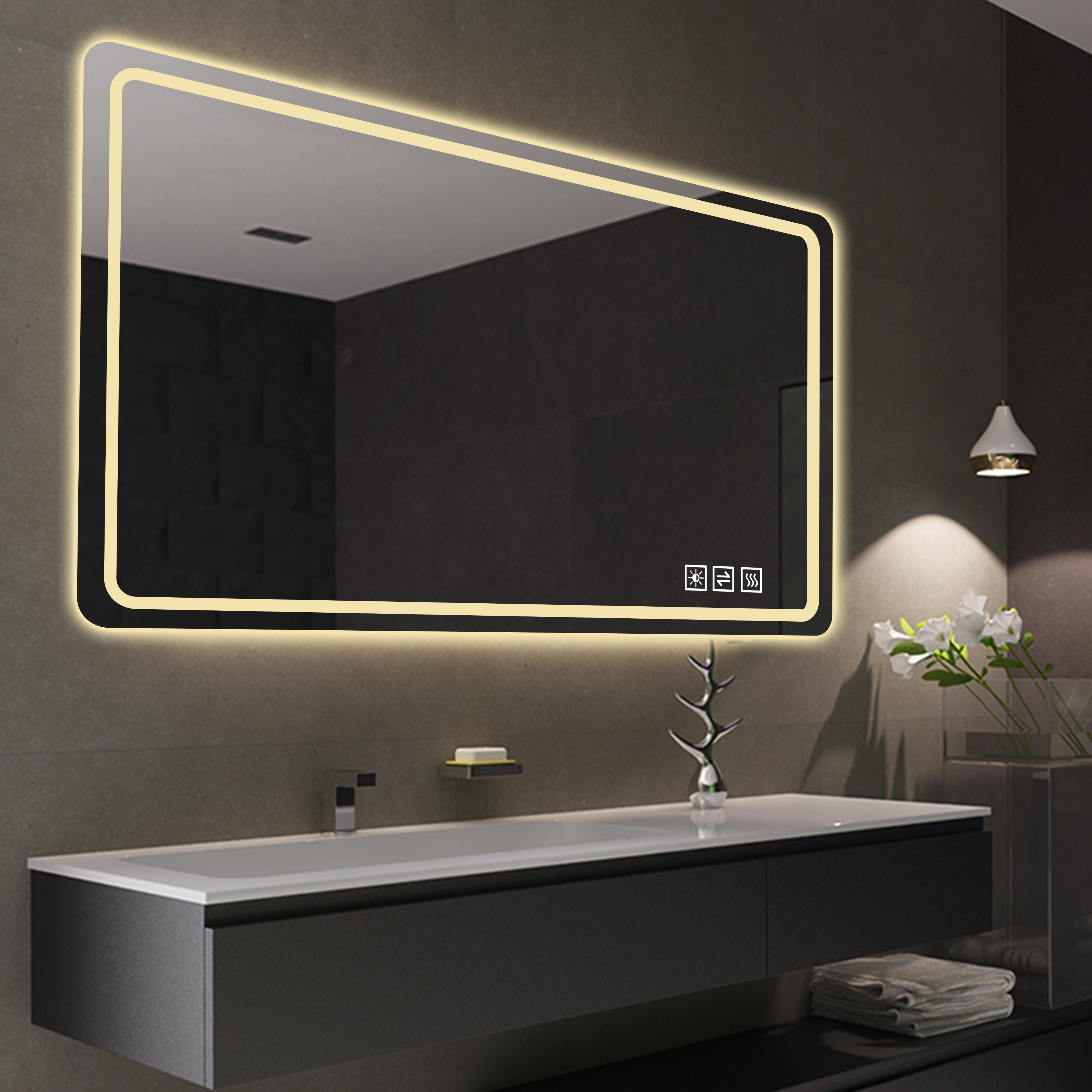 60X28 Inch LED Bathroom Mirror Vanity Mirrors With Front Lights Wall Mounted Anti-Fog Frameless Make Up Mirror With Ligh