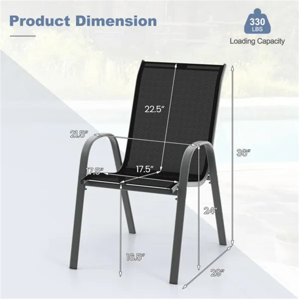 Black 2 Pack Stackable Patio Dining Chairs, Ergonomic Steel Frame Breathable Fabric Outdoor Chairs 330 LBS Capacity