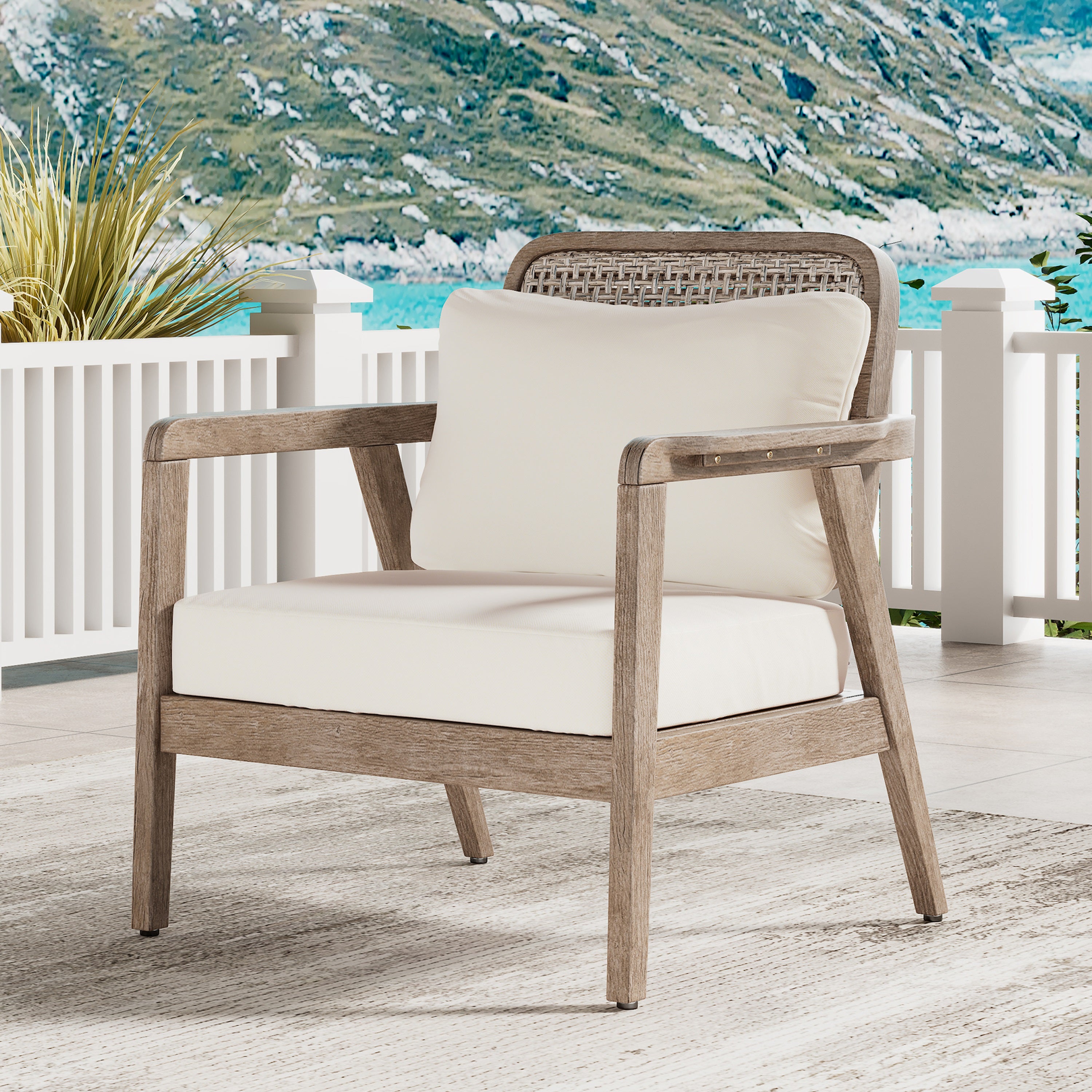 Outdoor Acacia Wood Patio Club Chair, Patio Furniture,Waterproof Thick Cushion Deep Seating For Porch, Garden, Backyard,