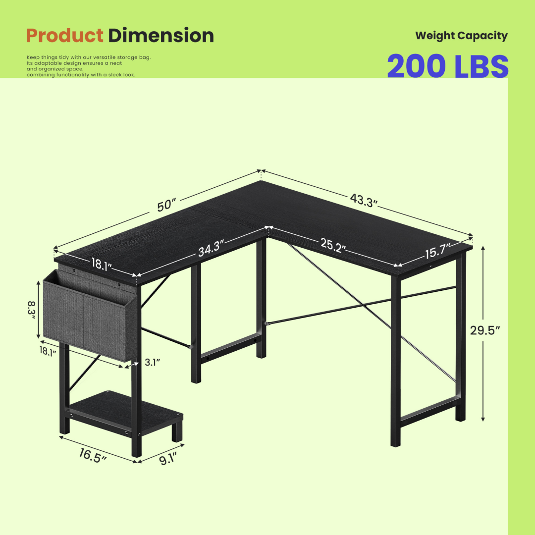 49-Inch L Shaped Desk - Computer Desk Corner Desks Gaming Desk PC Table, With CPU Stand Side Bag For Home Office Dorm St