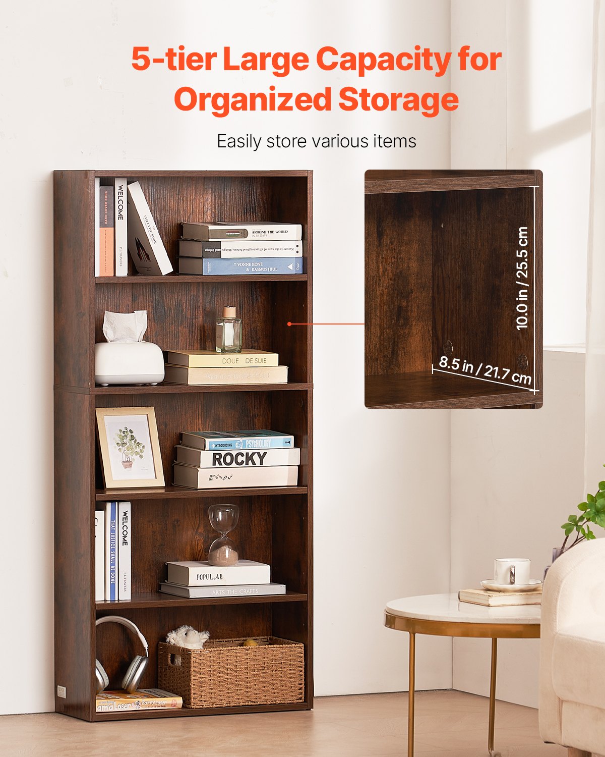 5 Tiers Narrow Bookshelf, 53 In Wooden Open Bookcase With Height-Adjustable Shelf, Freestanding Tall Display Storage Floor Bookcase Bookshelf For Library, Bedroom, Living Room, Office, Brown
