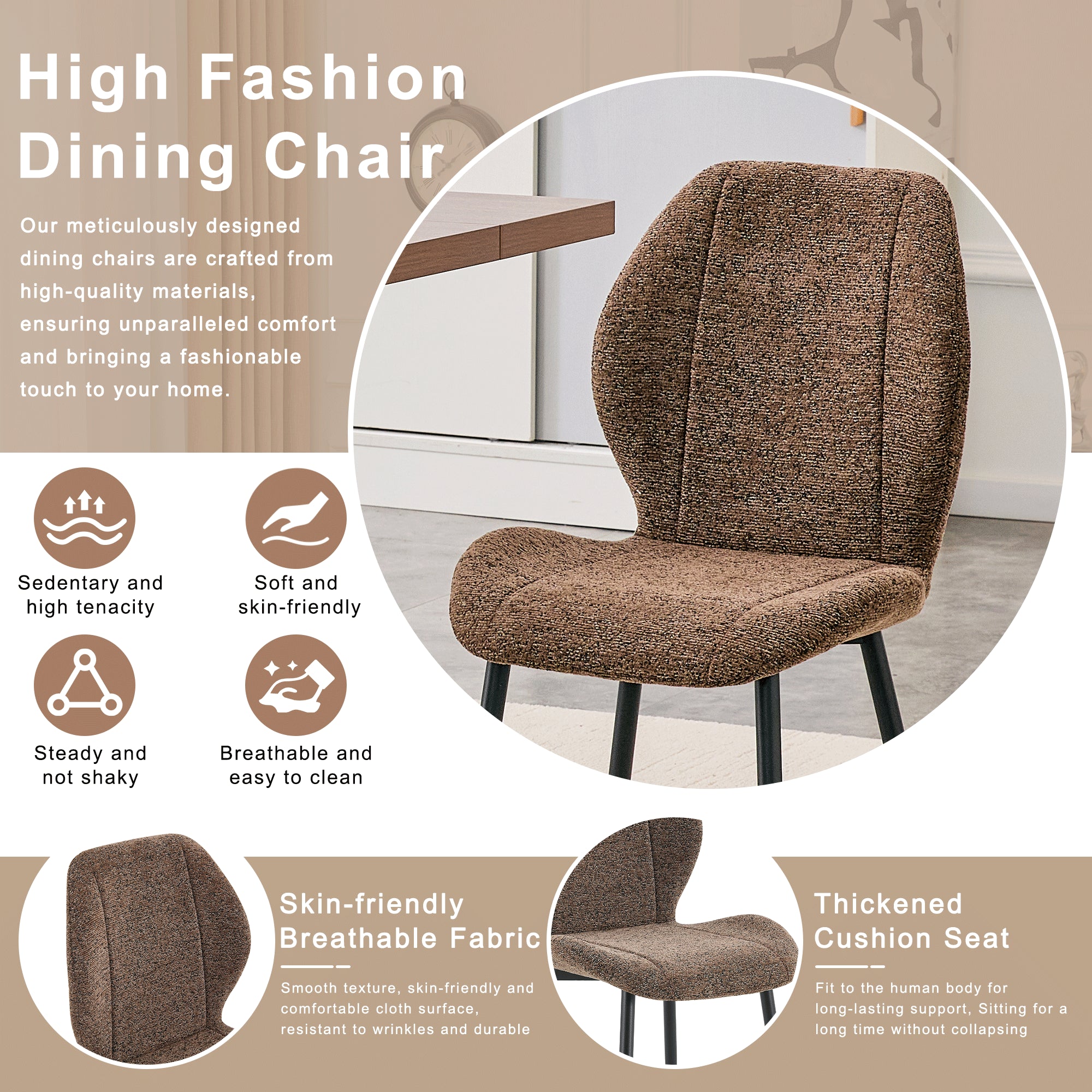 4 Sets Of Retro And Minimalist Brown Fabric Dining Chairs With Spacious And Comfortable Cushions.Black Metal Legs And Ad