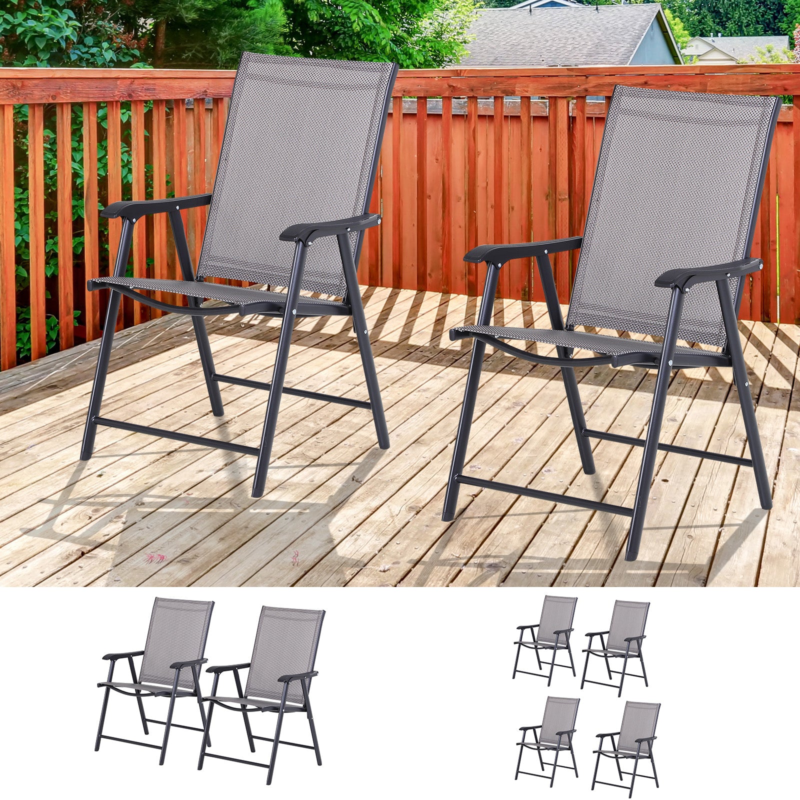 Set of 2 Outdoor Folding Chairs, Stackable Patio Dining Chairs with Armrests, Metal Frame, Gray