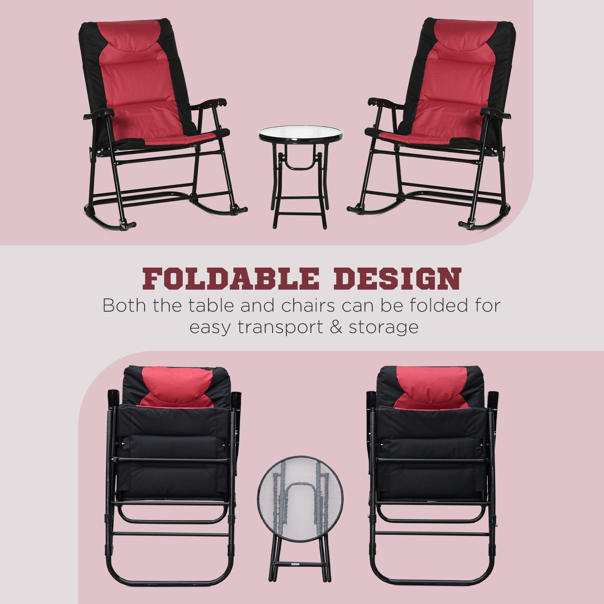 3 Piece Outdoor Patio Furniture Set with Glass Coffee Table & 2 Folding Padded Rocking Chairs, Bistro Style for Porch, C