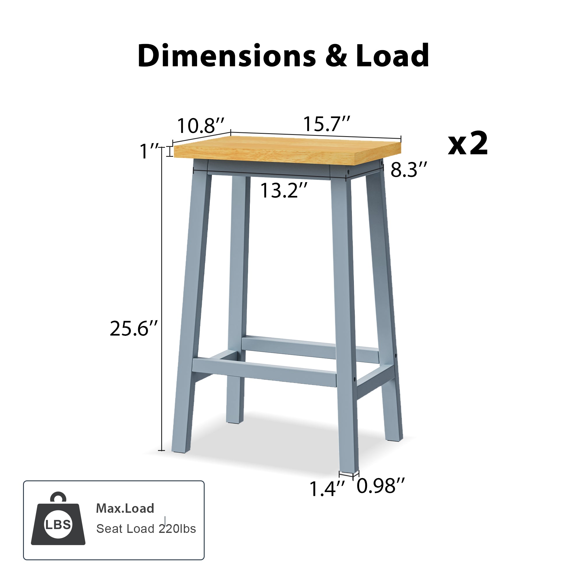K&K Solid Wood Bar Stools  Not Cheap Iron , 25.6  Tall Set Of 2 Bar Chairs, Kitchen Counter Stools With Footrests, Farmh