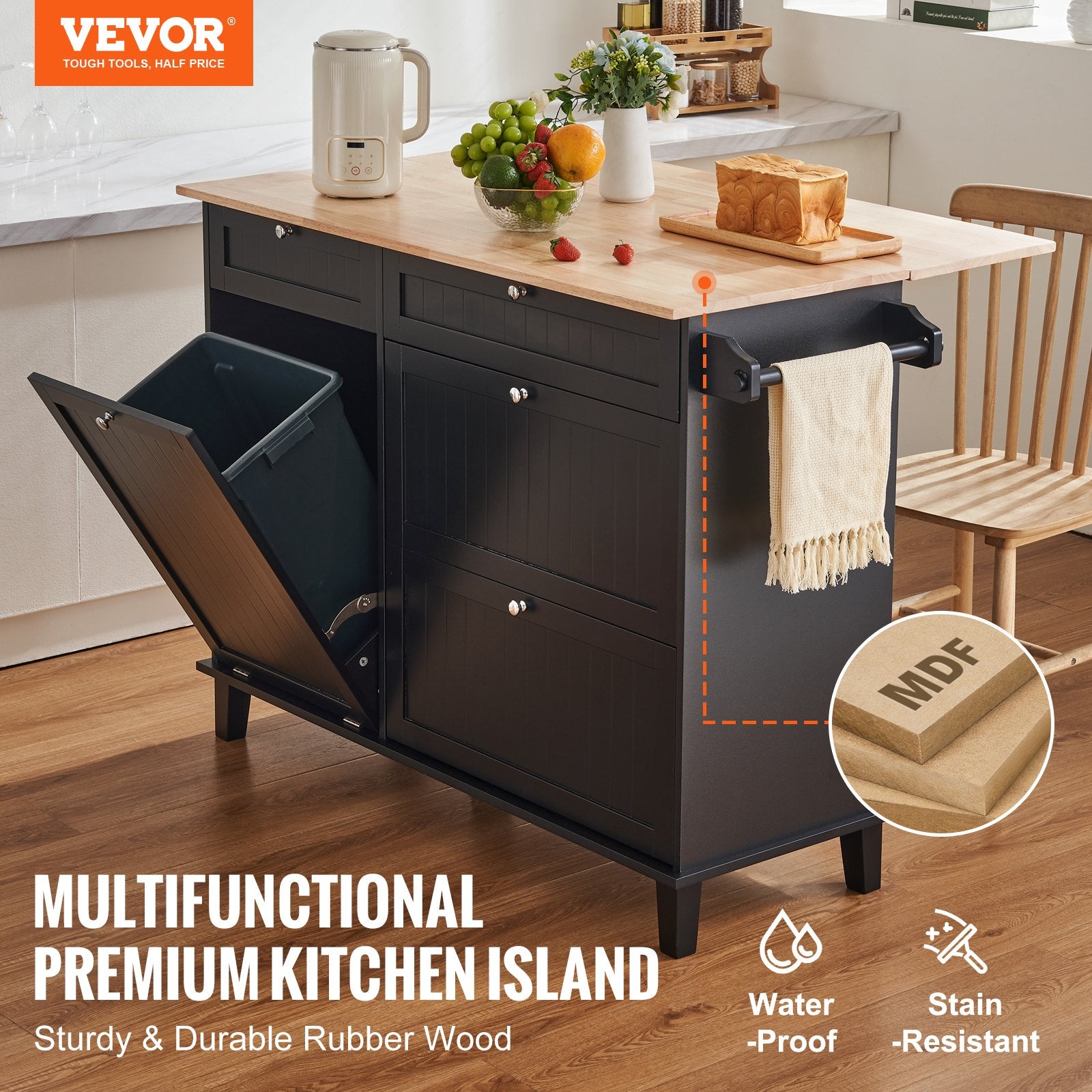 Kitchen Island Cart Storage Cabinet Serving With Drawer & Trash Cabinet