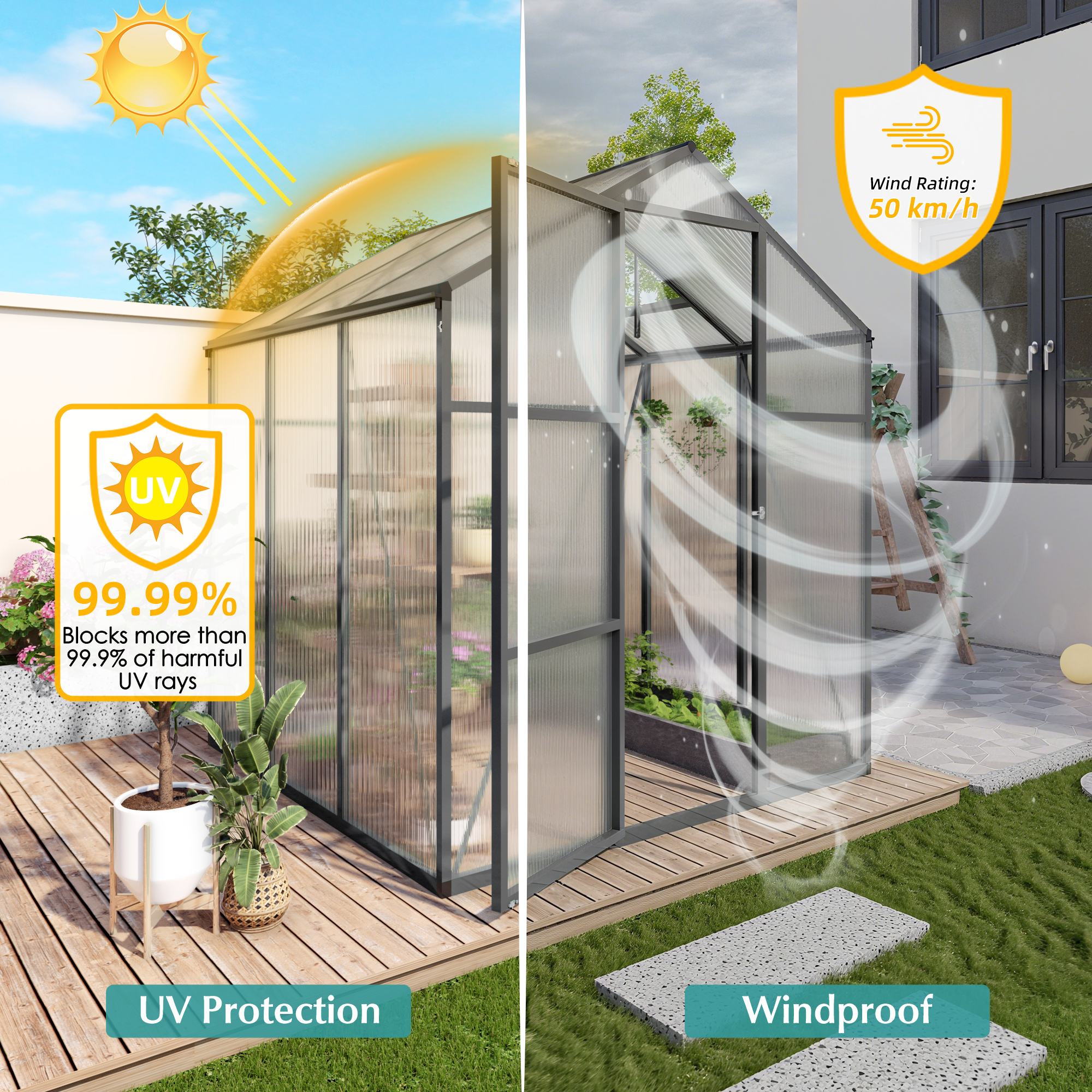 Newly Marketed Gain Height Windproofaluminum Greenhouse 6x6 FT Polycarbonate Greenhouse Raised Base And Anchor Aluminum