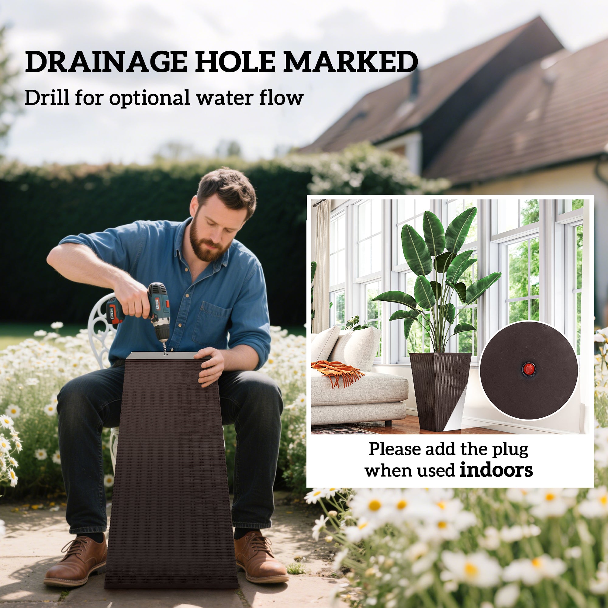 Set of 3 Tall Planters with Drainage Hole, 24" Outdoor Flower Plant Pots, Indoor Planters for Porch, Front Door, Entrywa