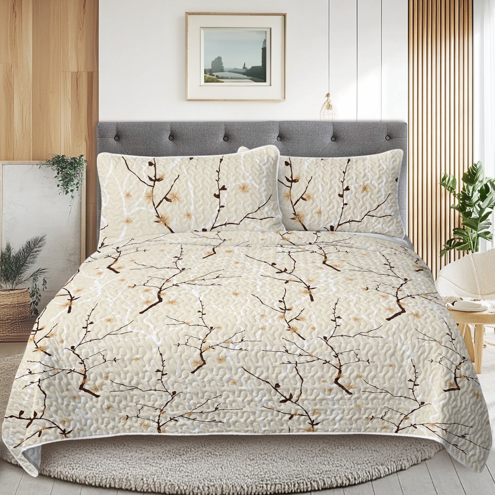 3pcs Minimalist Tree Branch Patterned Blankets Suitable For All Seasons, Including Flower And Autumn Leaf Bedding Sets W