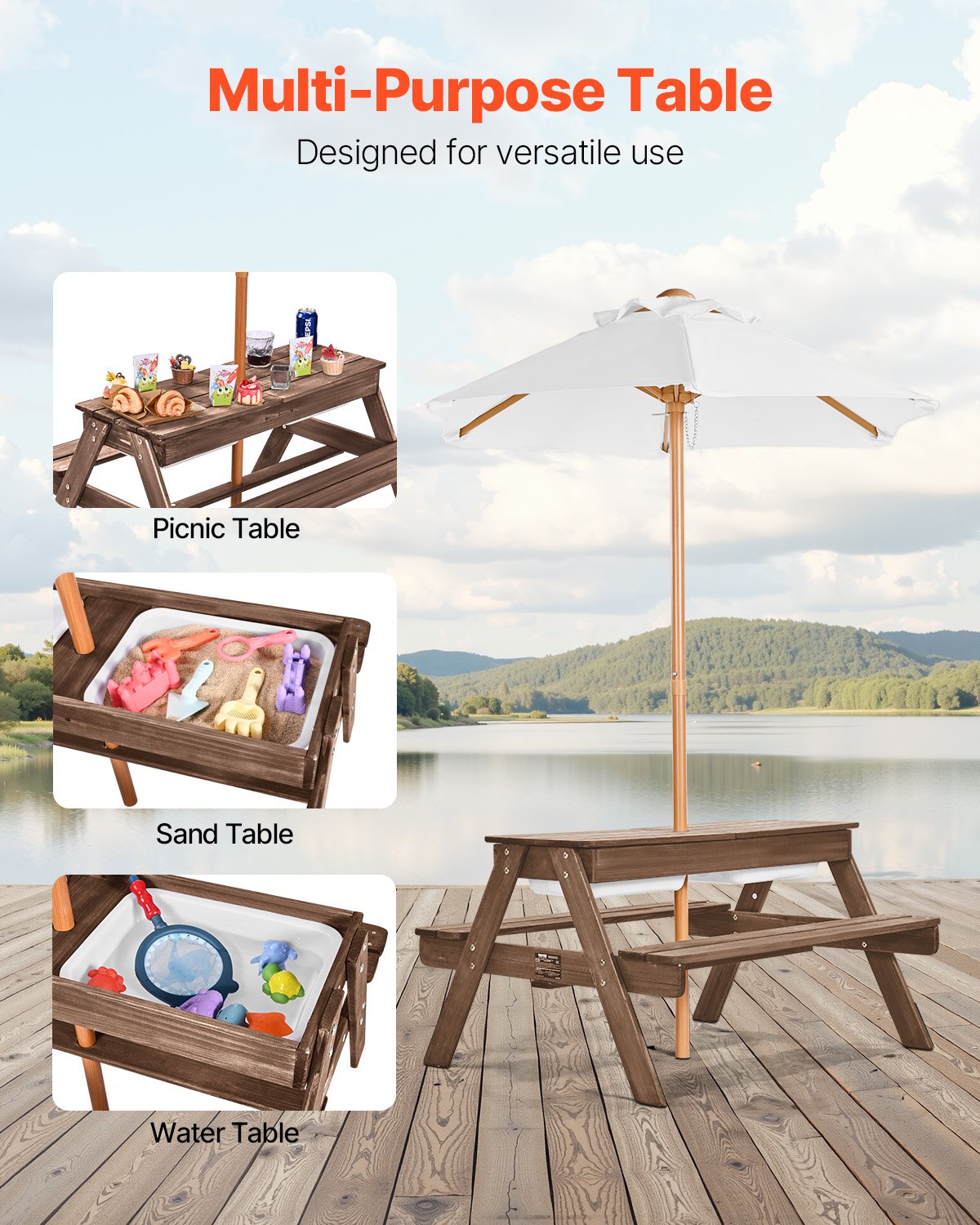 Picnic Table Wooden Tables And Bench Set With Umbrella Garden Indoor Outdoor