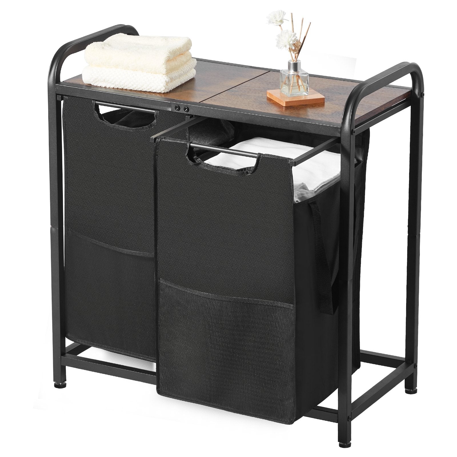 2 Section Laundry Sorter, Large Laundry Hamper With Metal Frame And Wooden Tabletop, Freestanding Storage Organizer Bask