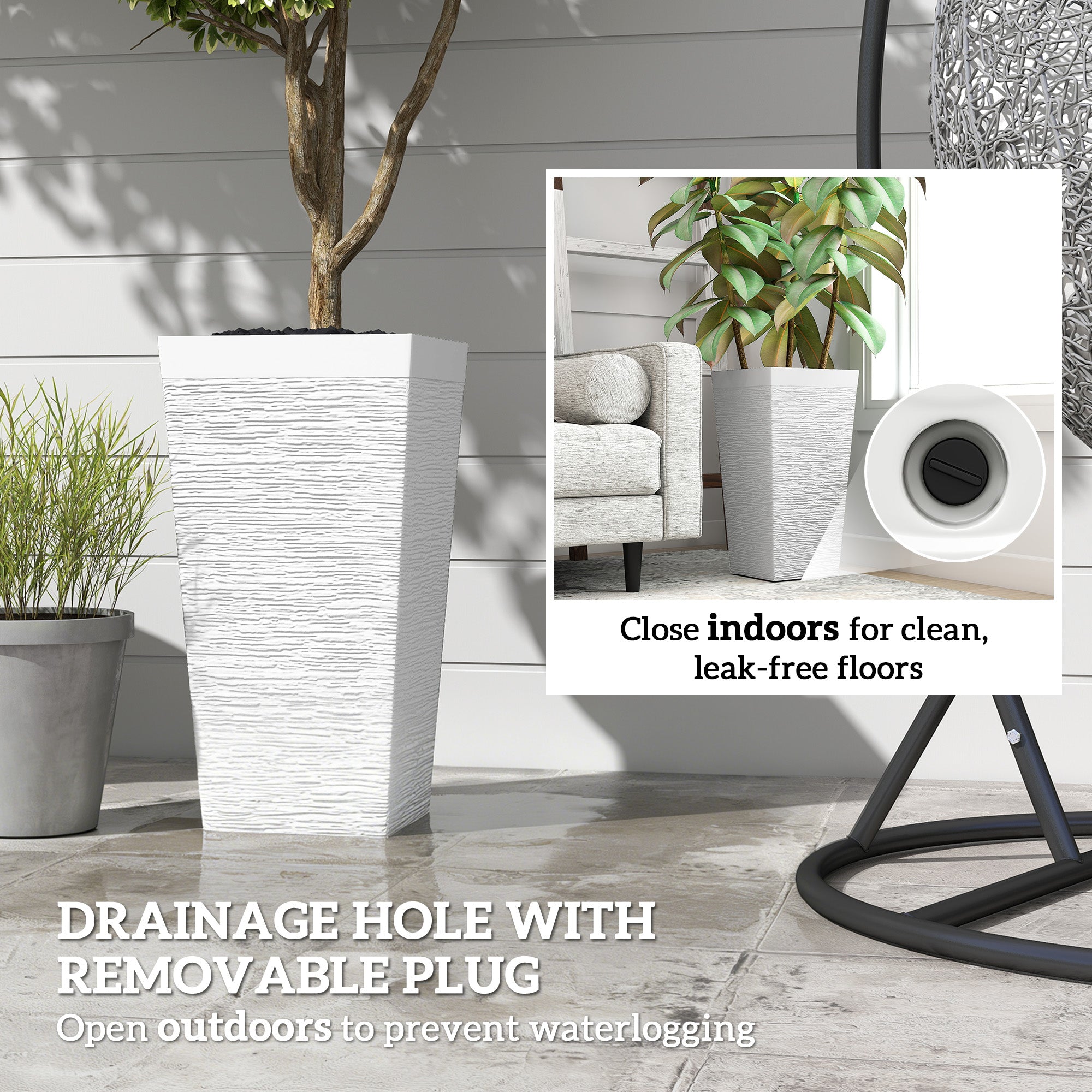 22.8 Inch Set of 3 Outdoor Planters with Stone Finish and Wheels, Stackable Tapered Planters with Drainage Hole, White