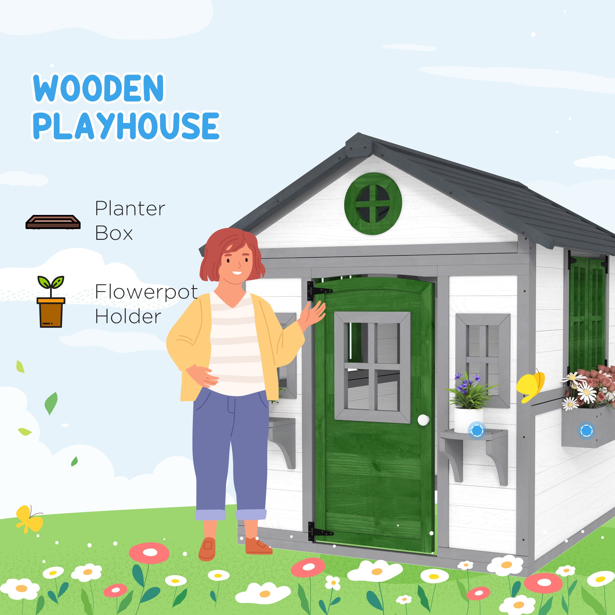 Wooden Playhouse for Kids Outdoor with Doors