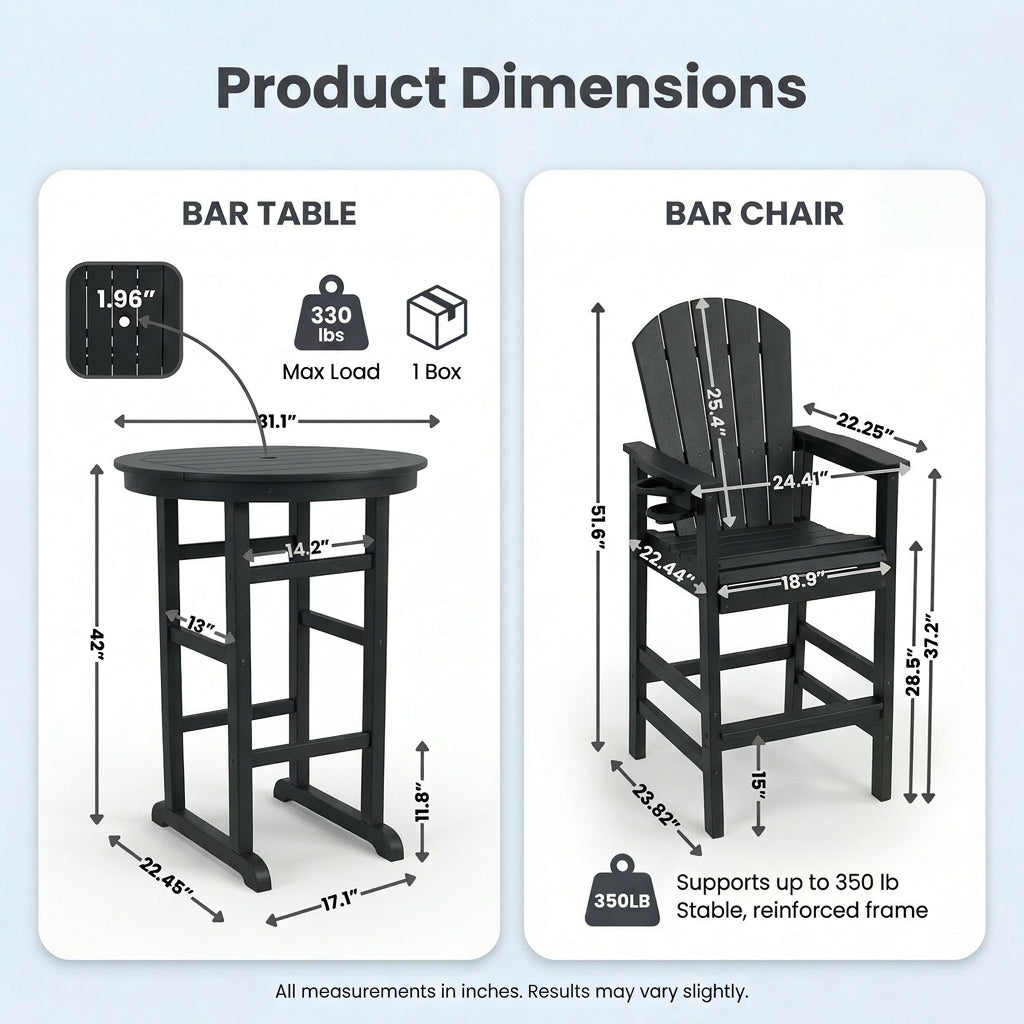 3-Piece Black HDPE Indoor Outdoor Bar Height Bistro Set, 31.1  Round Pub Table With 2 Bar Stools, All-Weather Patio Furn