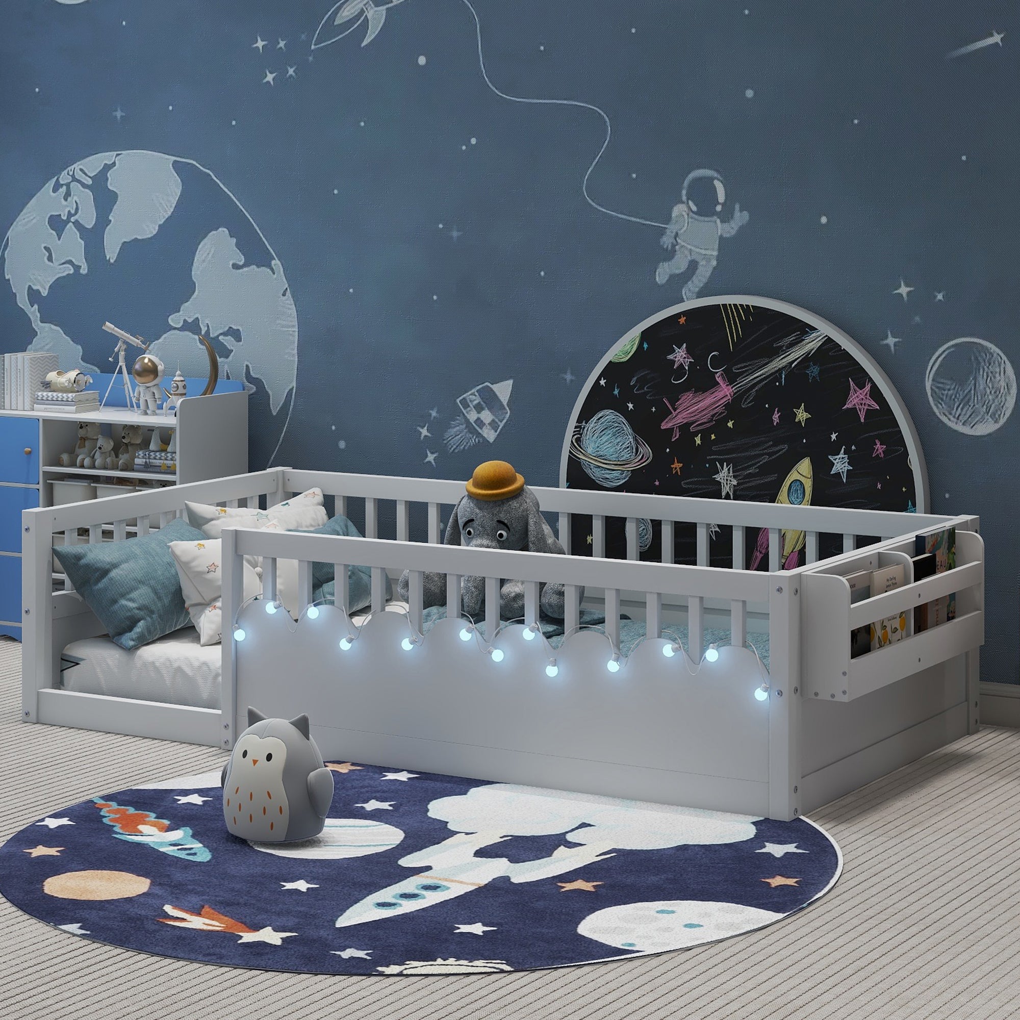 Twin Montessori Floor Bed Frame With High Rails, Wood Kids Floor Beds With Light And Storage Shelf, White Expect Arrival